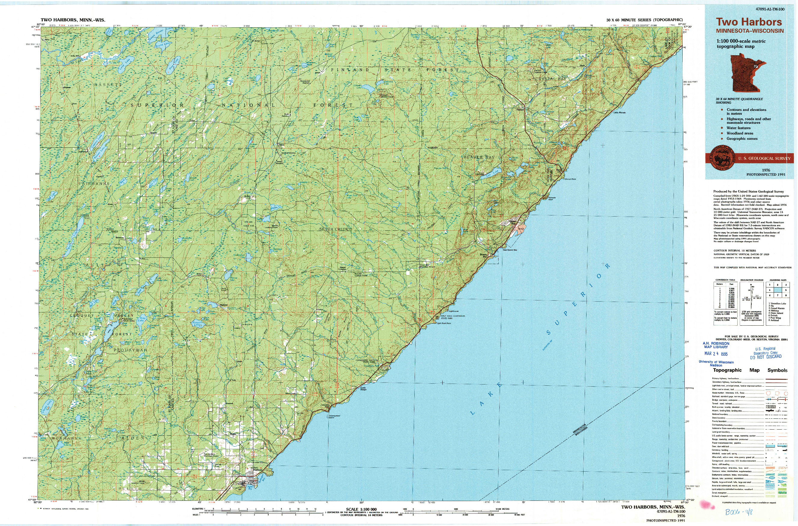 USGS 1:100000-SCALE QUADRANGLE FOR TWO HARBORS, MN 1976