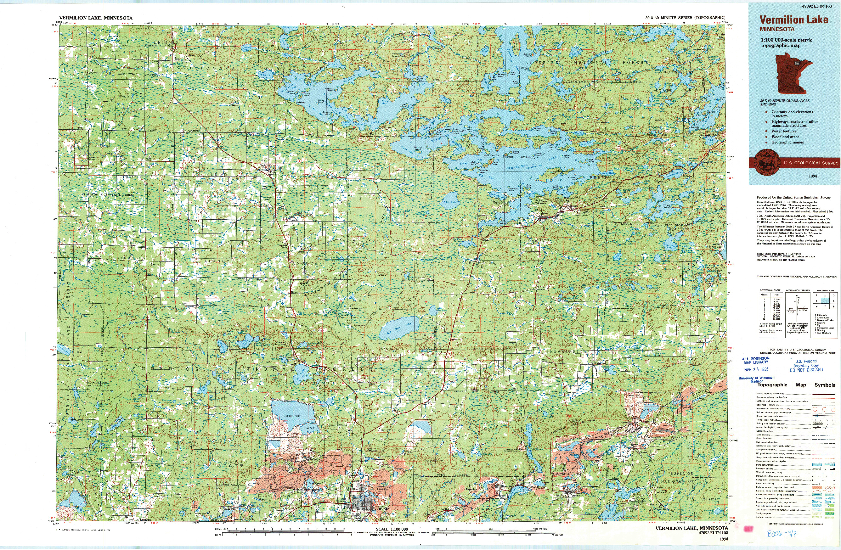USGS 1:100000-SCALE QUADRANGLE FOR VERMILLION LAKE, MN 1994