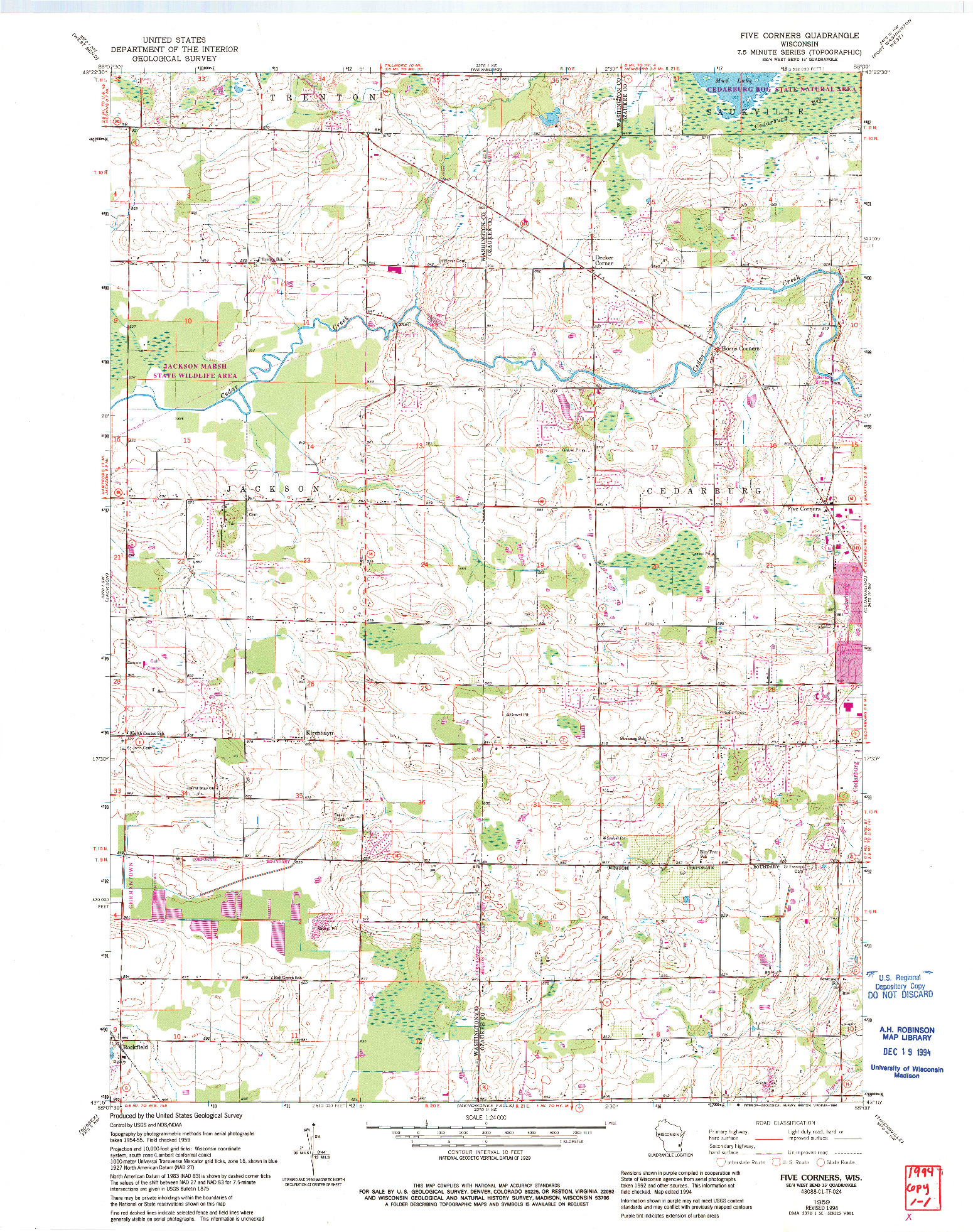 USGS 1:24000-SCALE QUADRANGLE FOR FIVE CORNERS, WI 1959