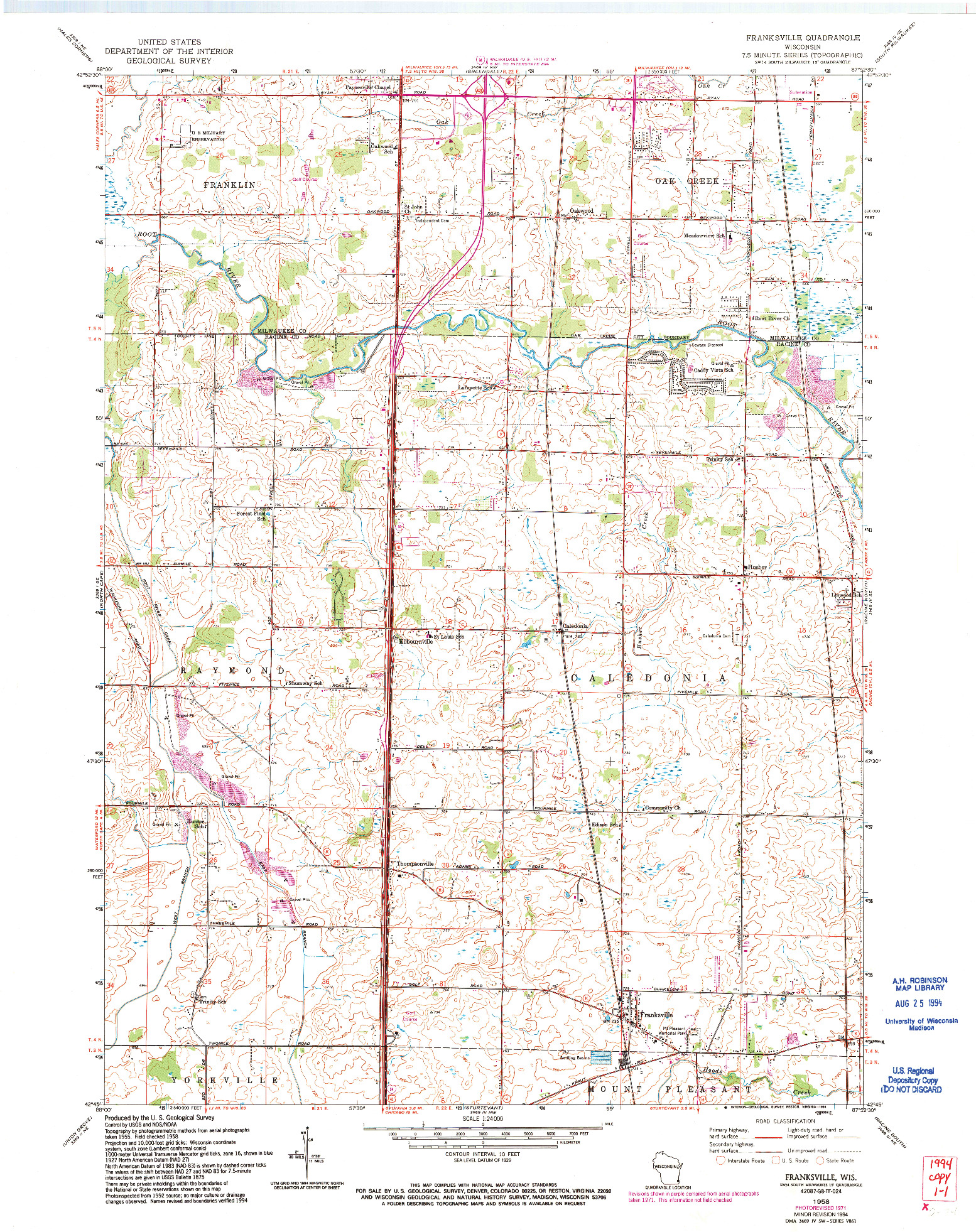 USGS 1:24000-SCALE QUADRANGLE FOR FRANKSVILLE, WI 1958