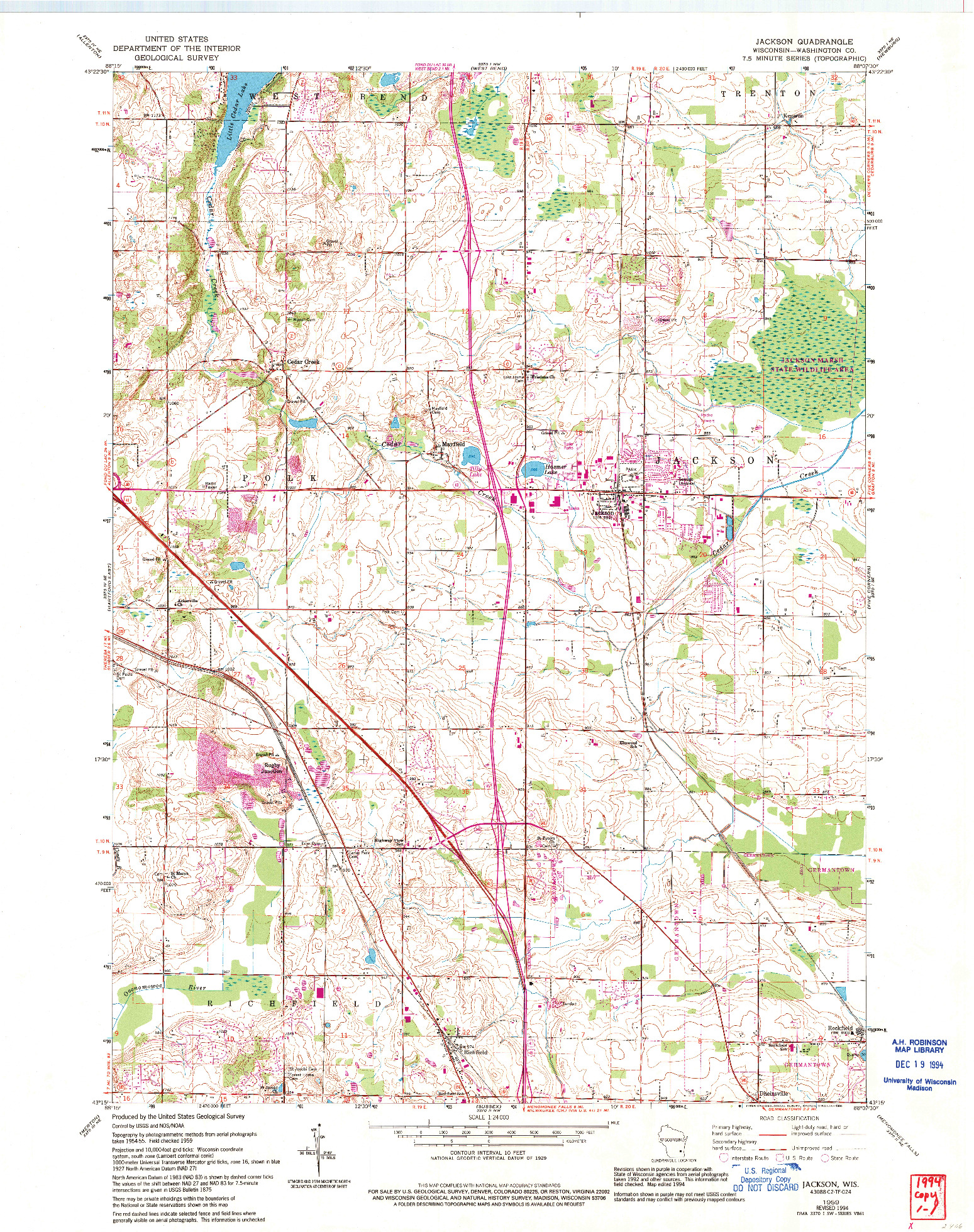 USGS 1:24000-SCALE QUADRANGLE FOR JACKSON, WI 1959