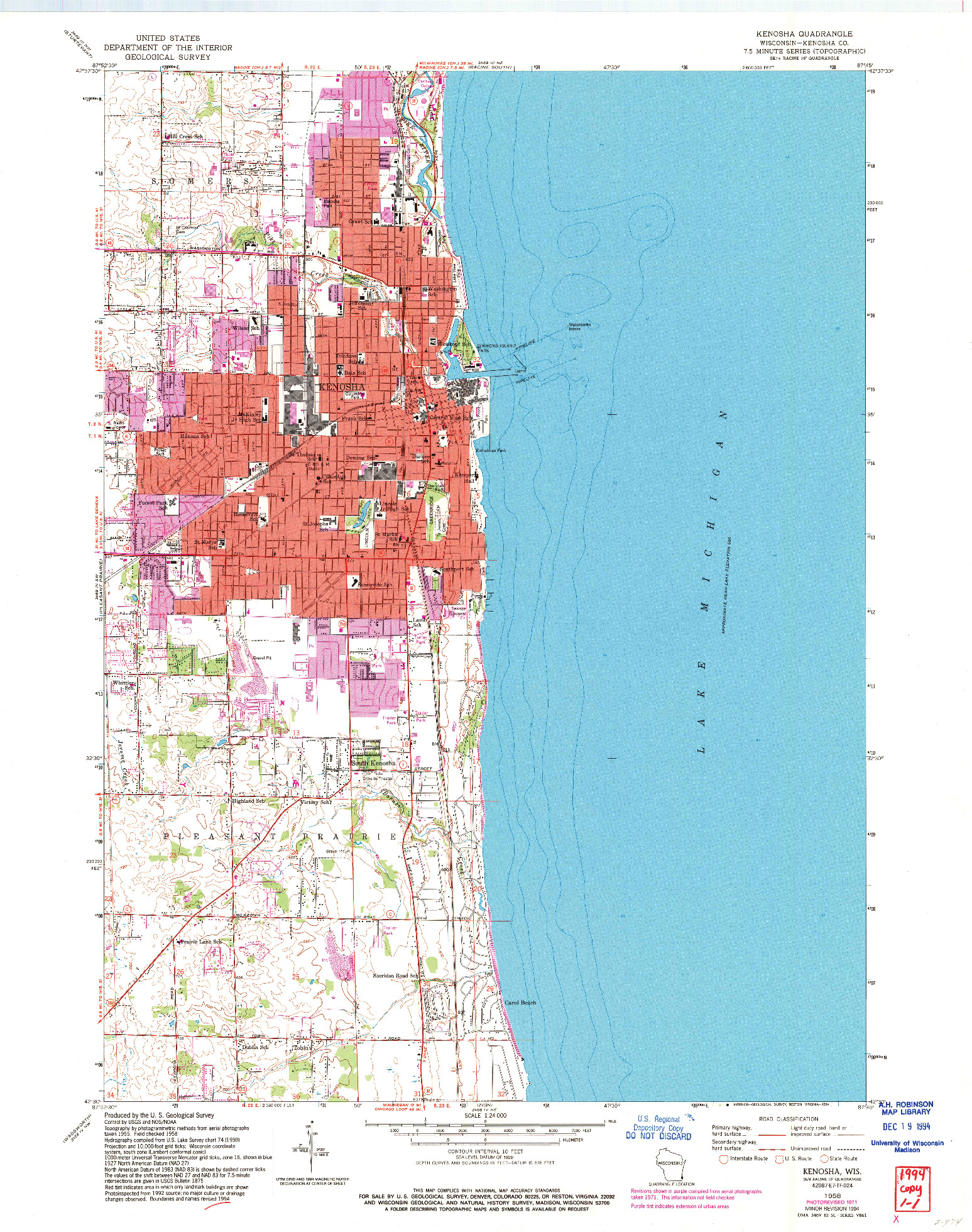 USGS 1:24000-SCALE QUADRANGLE FOR KENOSHA, WI 1958