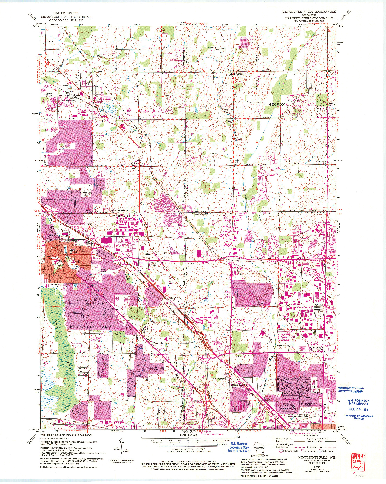 USGS 1:24000-SCALE QUADRANGLE FOR MENOMONEE FALLS, WI 1958