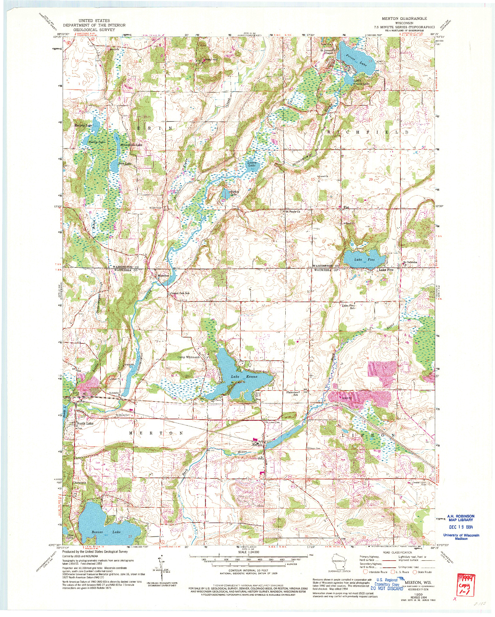 USGS 1:24000-SCALE QUADRANGLE FOR MERTON, WI 1959