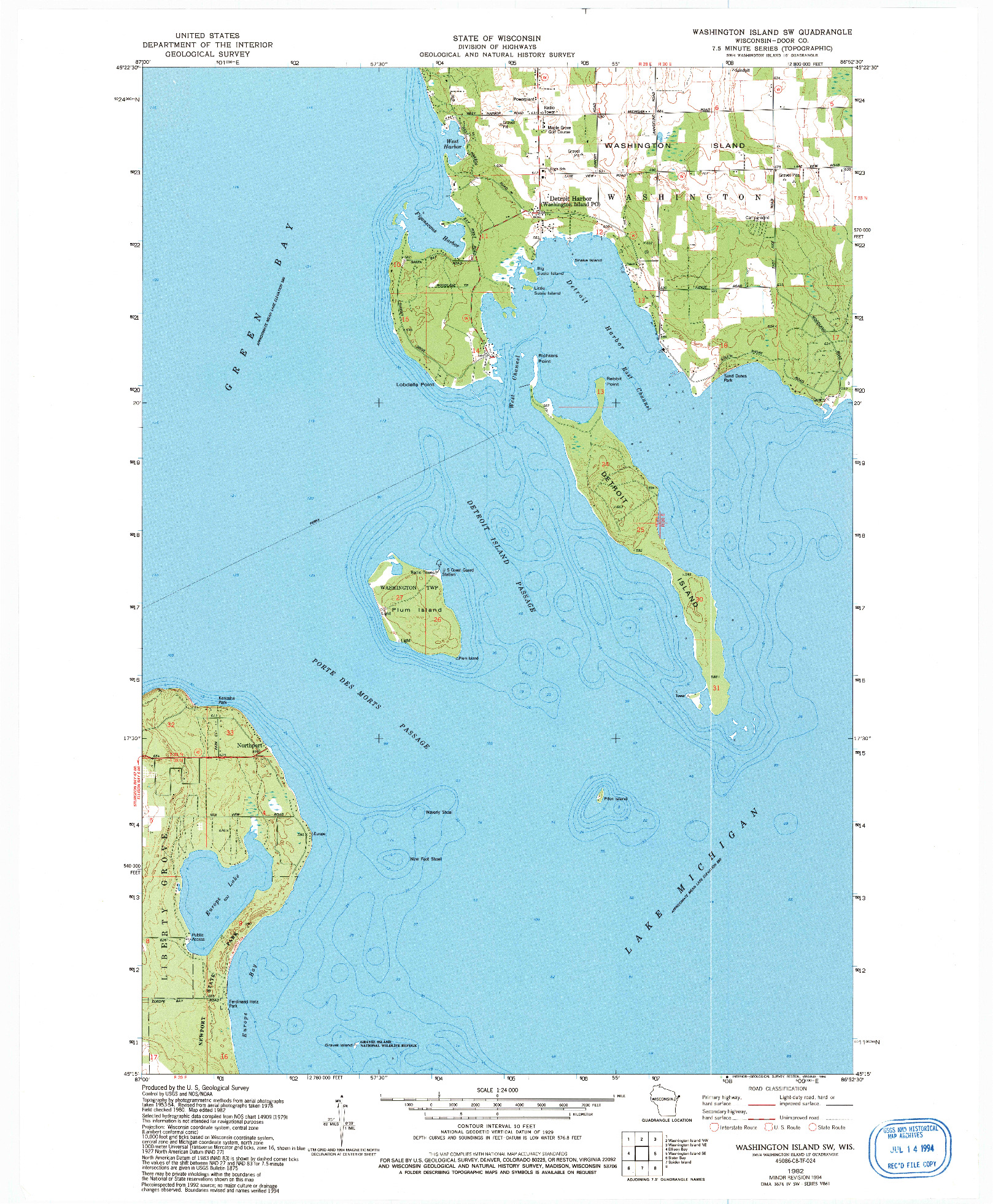 USGS 1:24000-SCALE QUADRANGLE FOR WASHINGTON ISLAND SW, WI 1982