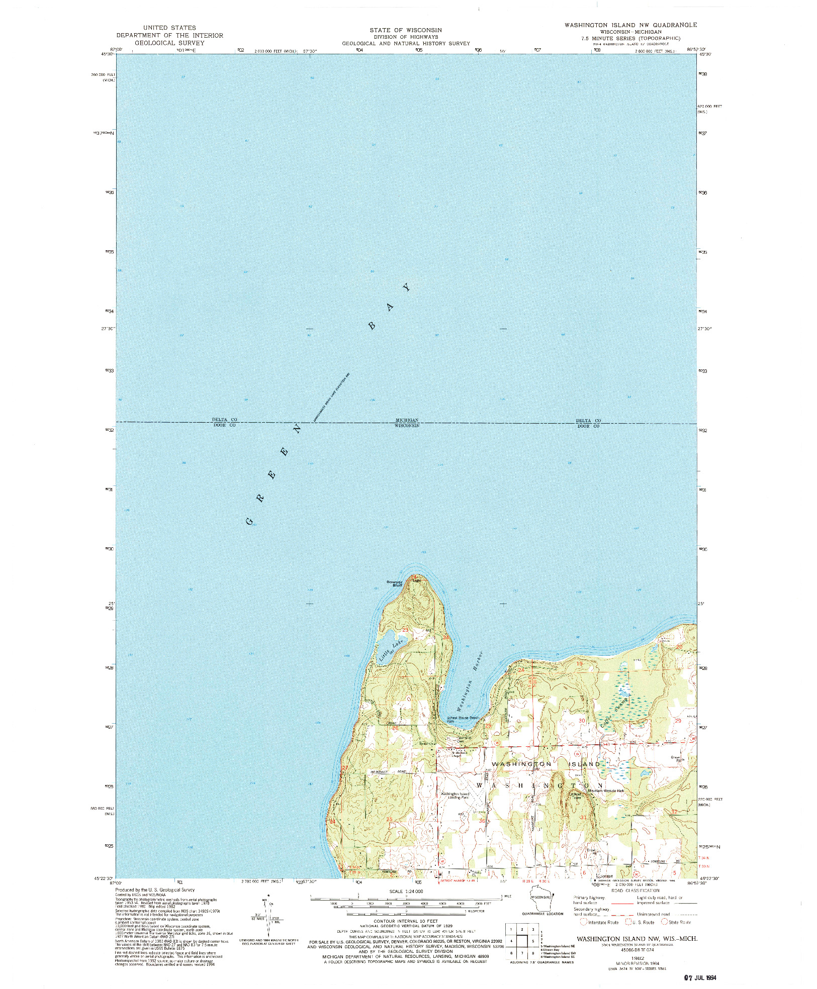 USGS 1:24000-SCALE QUADRANGLE FOR WASHINGTON ISLAND NW, WI 1982