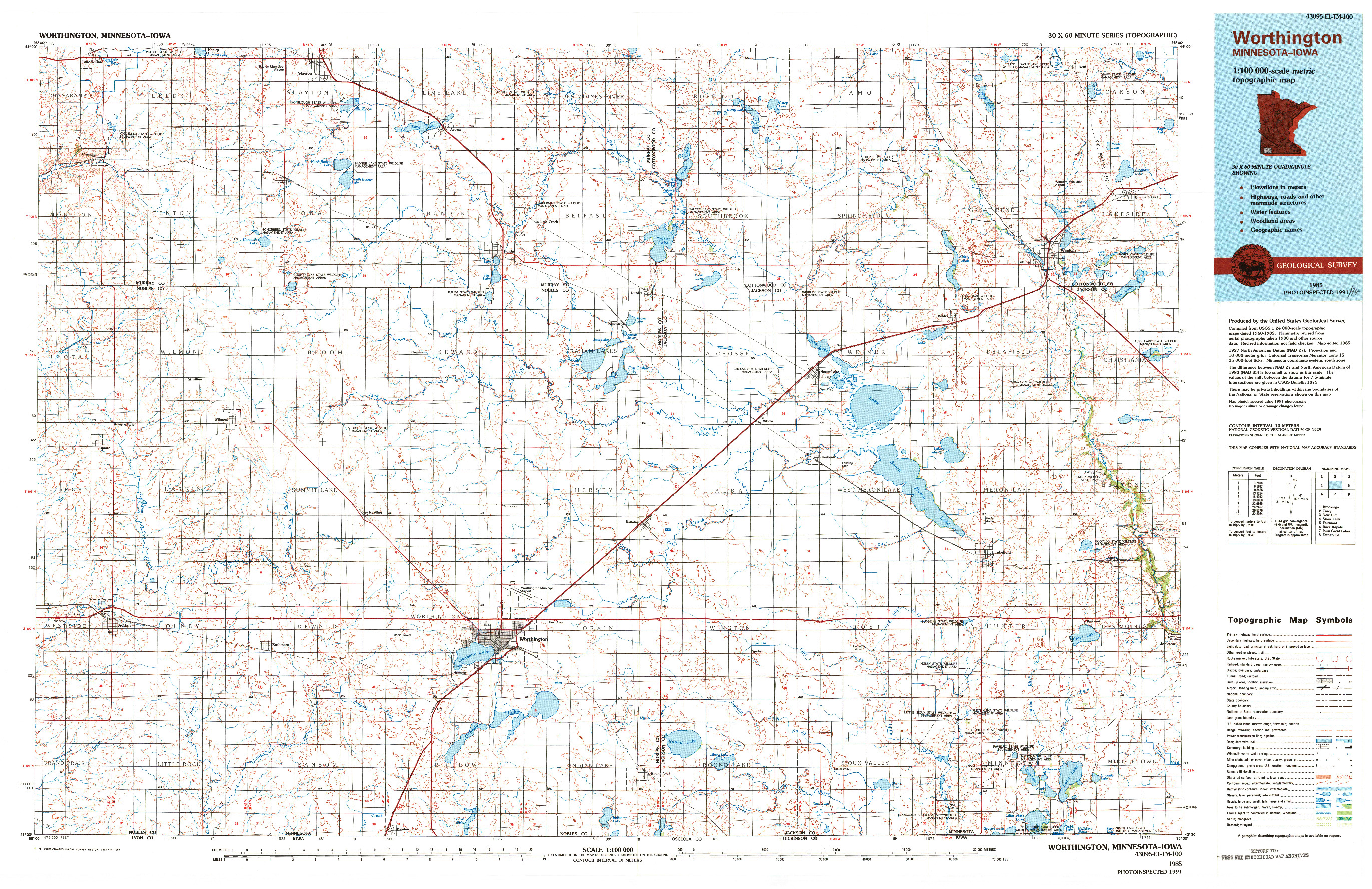 USGS 1:100000-SCALE QUADRANGLE FOR WORTHINGTON, MN 1985