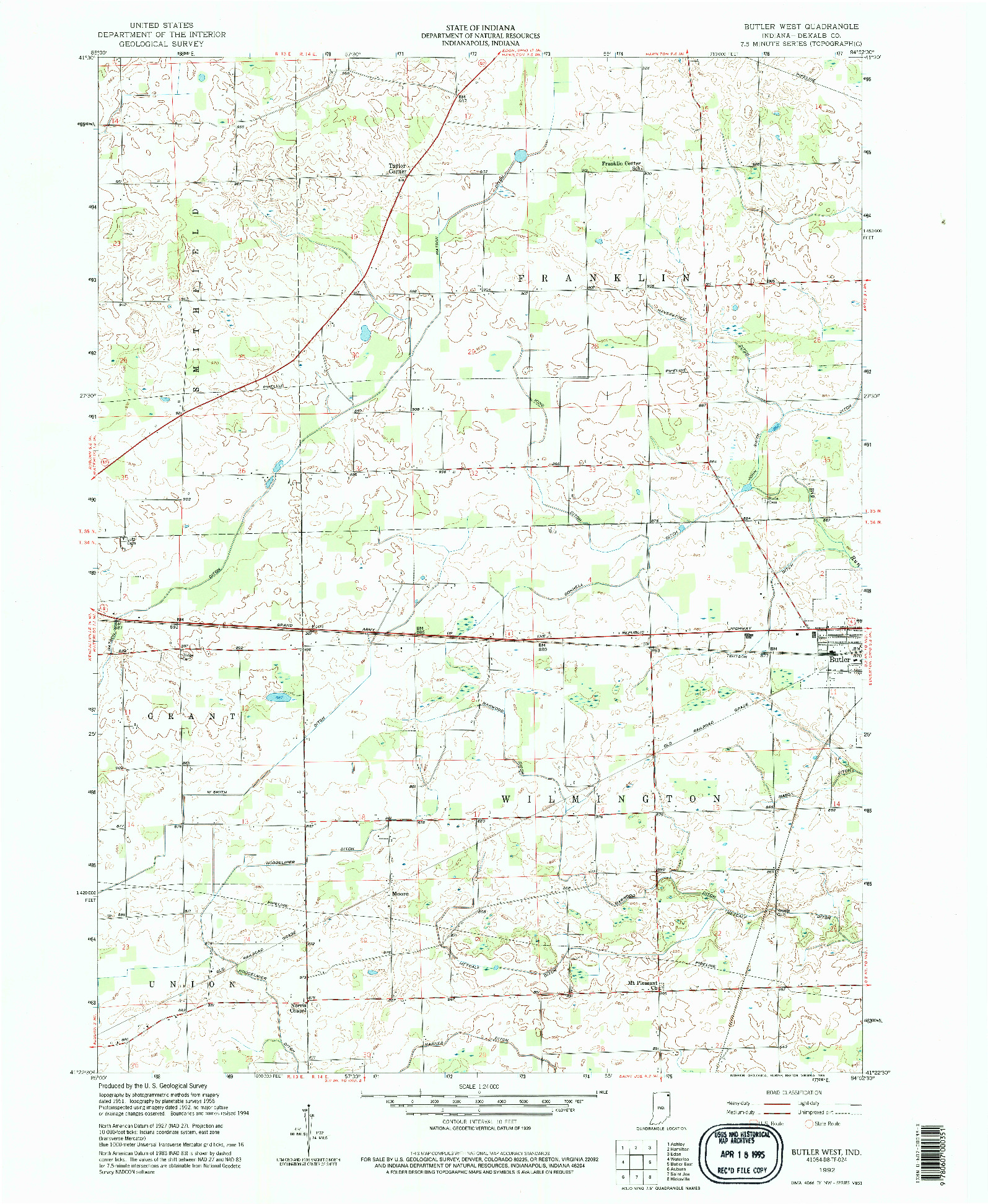 USGS 1:24000-SCALE QUADRANGLE FOR BUTLER WEST, IN 1992