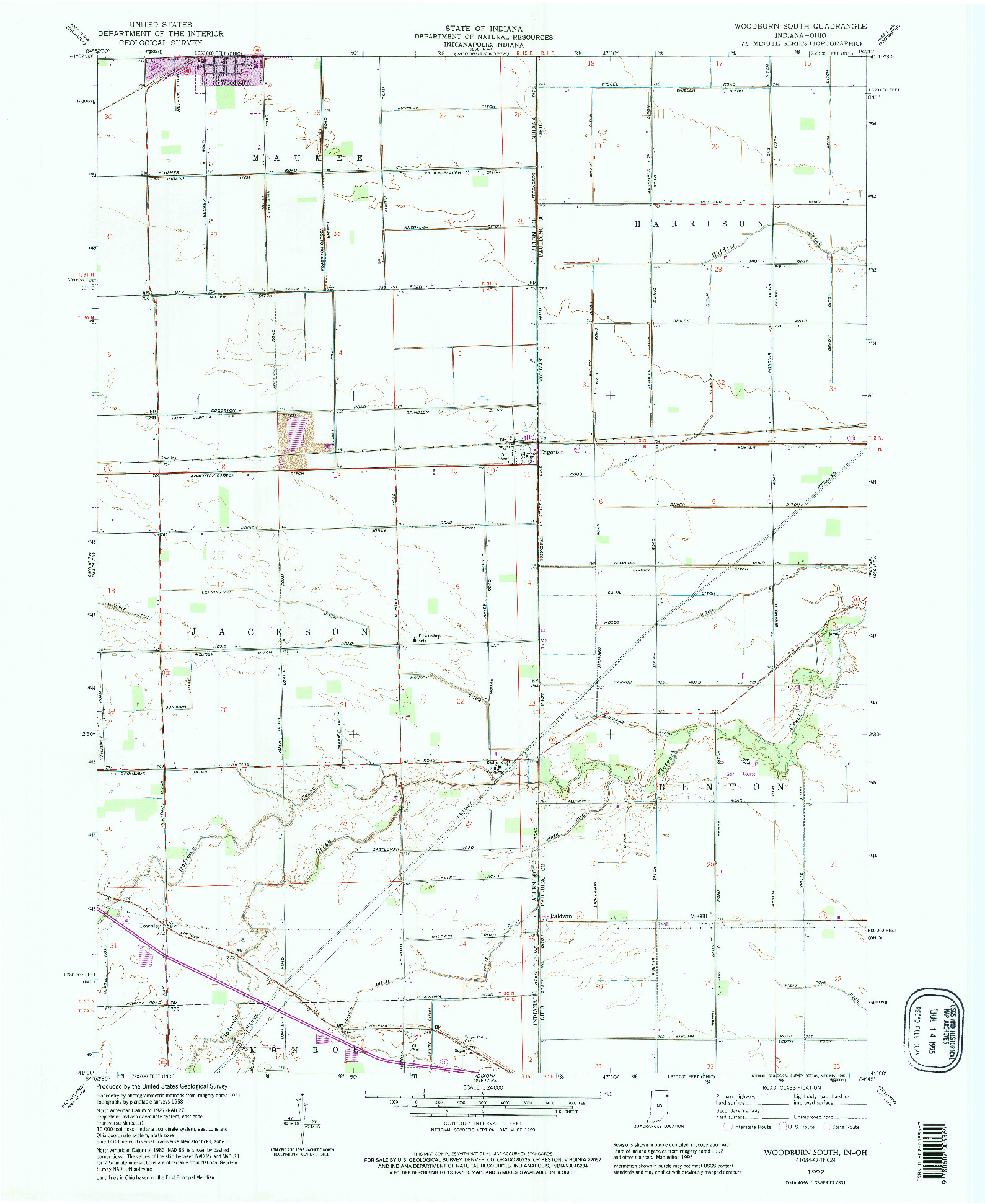 USGS 1:24000-SCALE QUADRANGLE FOR WOODBURN SOUTH, IN 1992