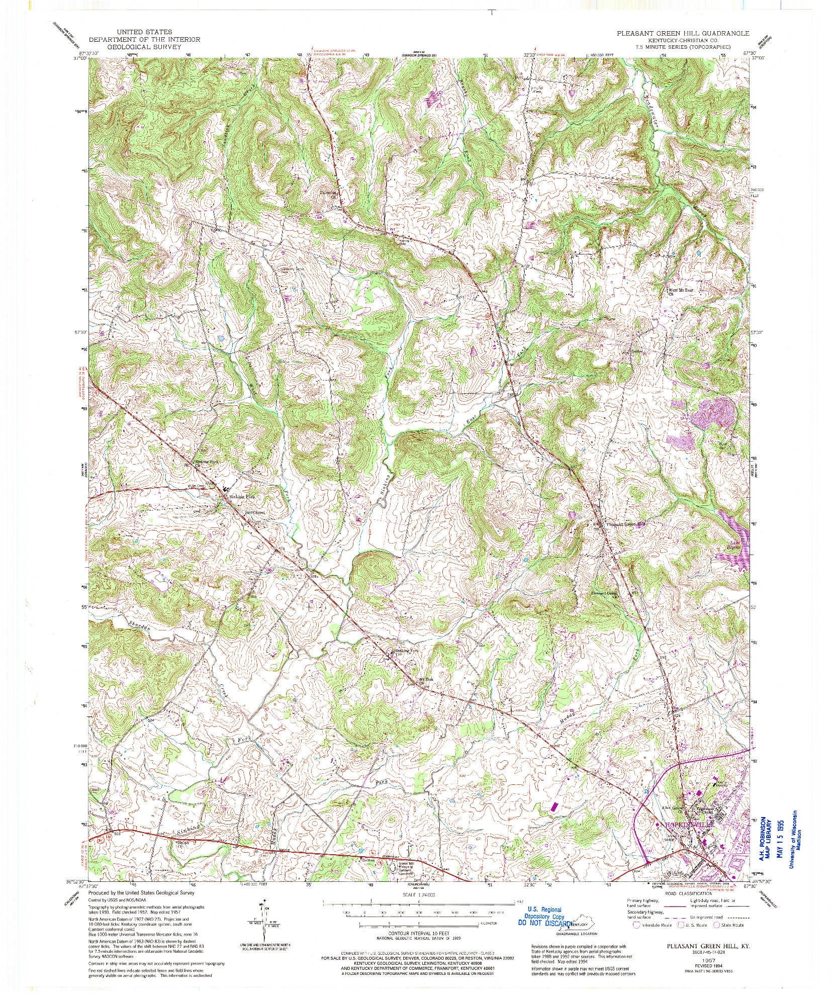 USGS 1:24000-SCALE QUADRANGLE FOR PLEASANT GREEN HILL, KY 1957