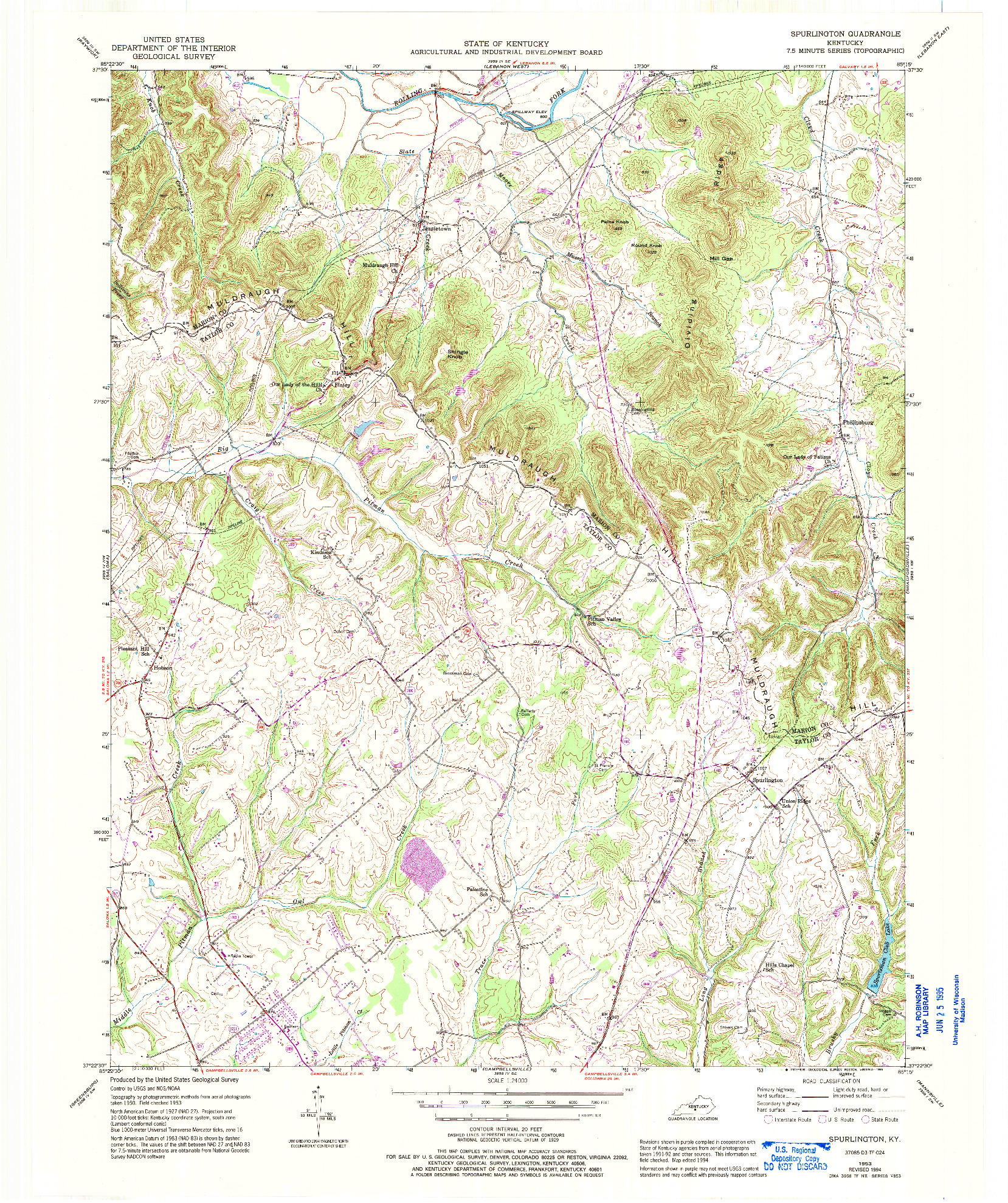 USGS 1:24000-SCALE QUADRANGLE FOR SPURLINGTON, KY 1953
