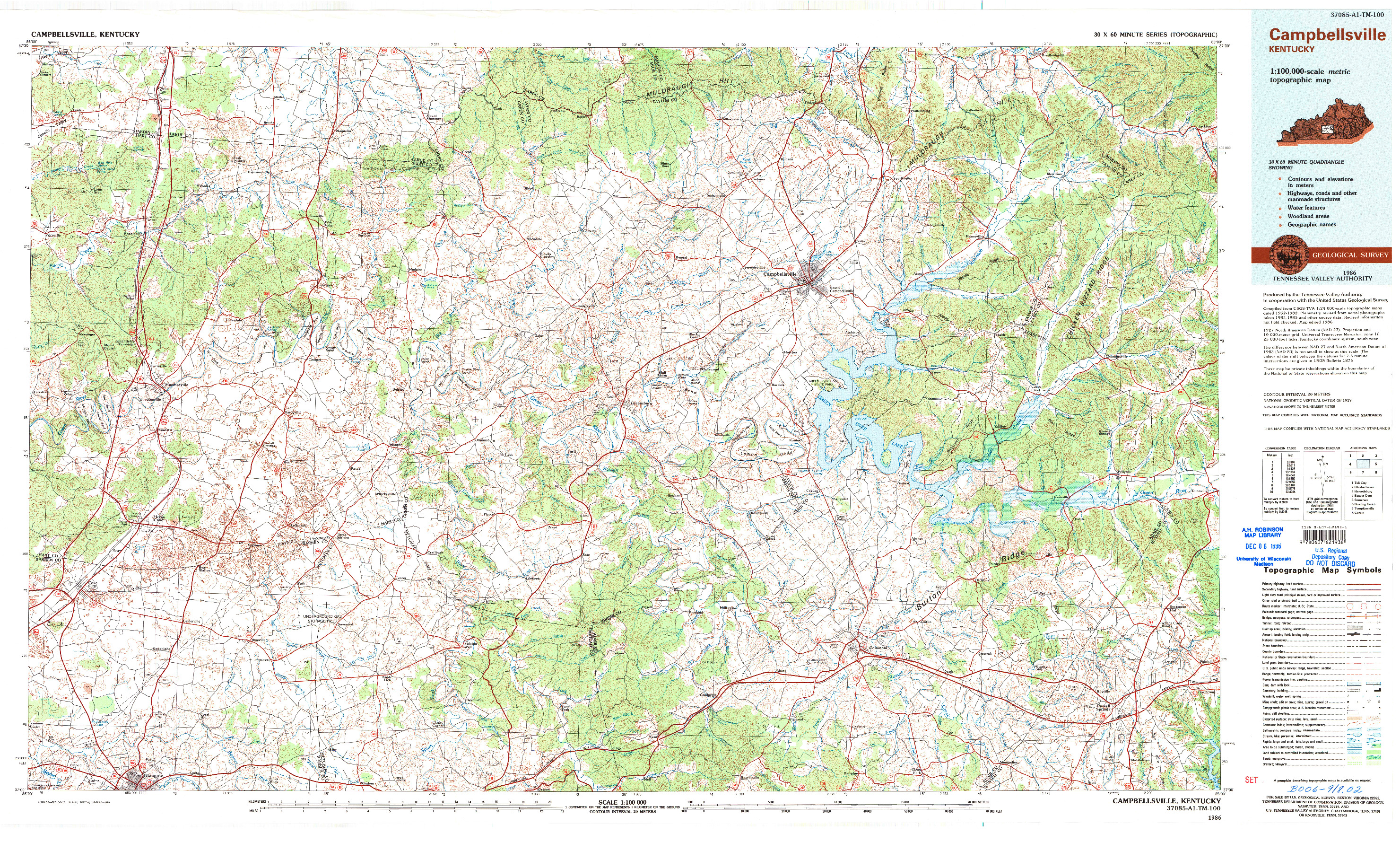 USGS 1:100000-SCALE QUADRANGLE FOR CAMPBELLSVILLE, KY 1986