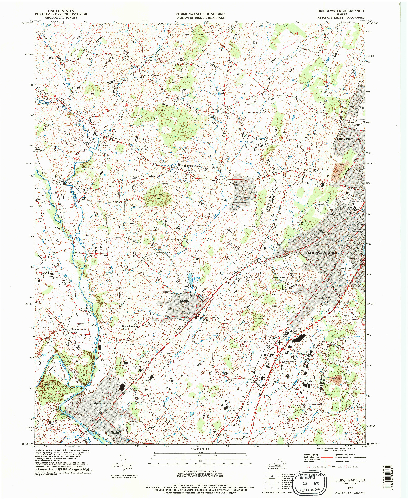 USGS 1:24000-SCALE QUADRANGLE FOR BRIDGEWATER, VA 1989