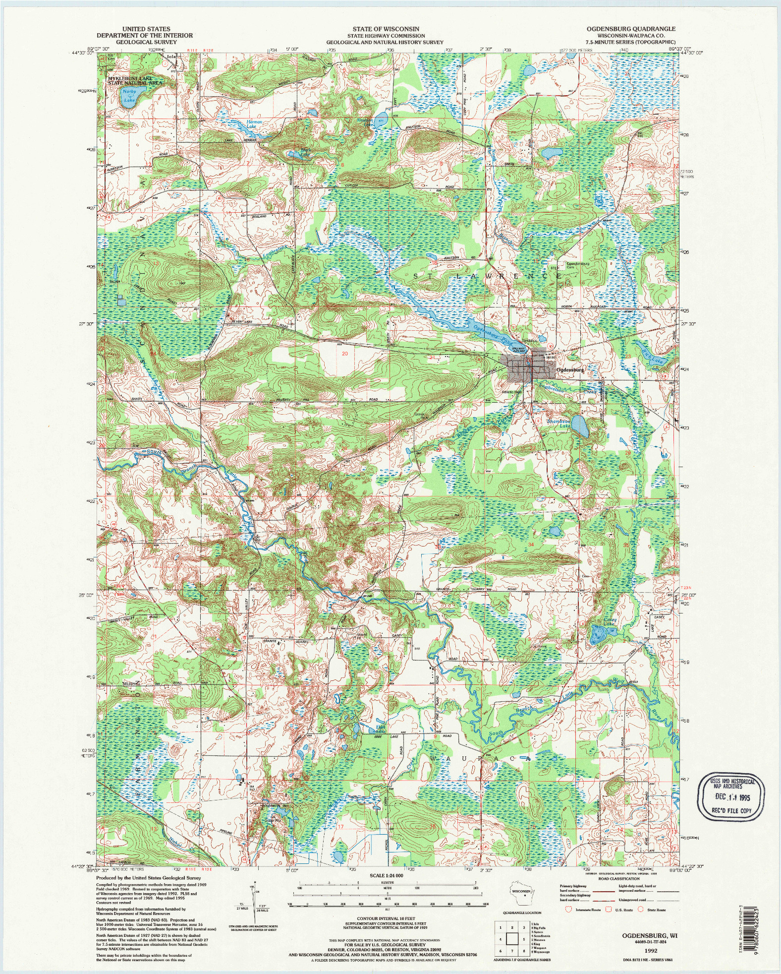 USGS 1:24000-SCALE QUADRANGLE FOR OGDENSBURG, WI 1992