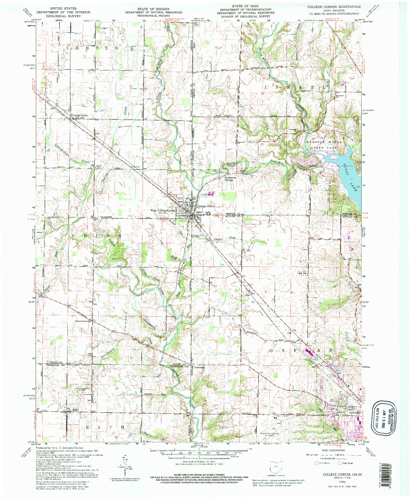 USGS 1:24000-SCALE QUADRANGLE FOR COLLEGE CORNER, OH 1992