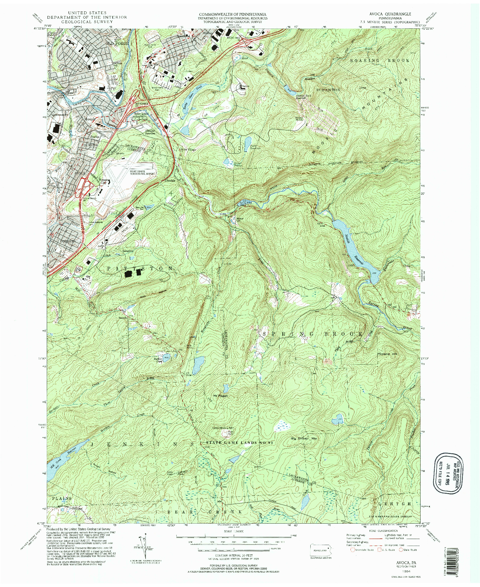 USGS 1:24000-SCALE QUADRANGLE FOR AVOCA, PA 1994