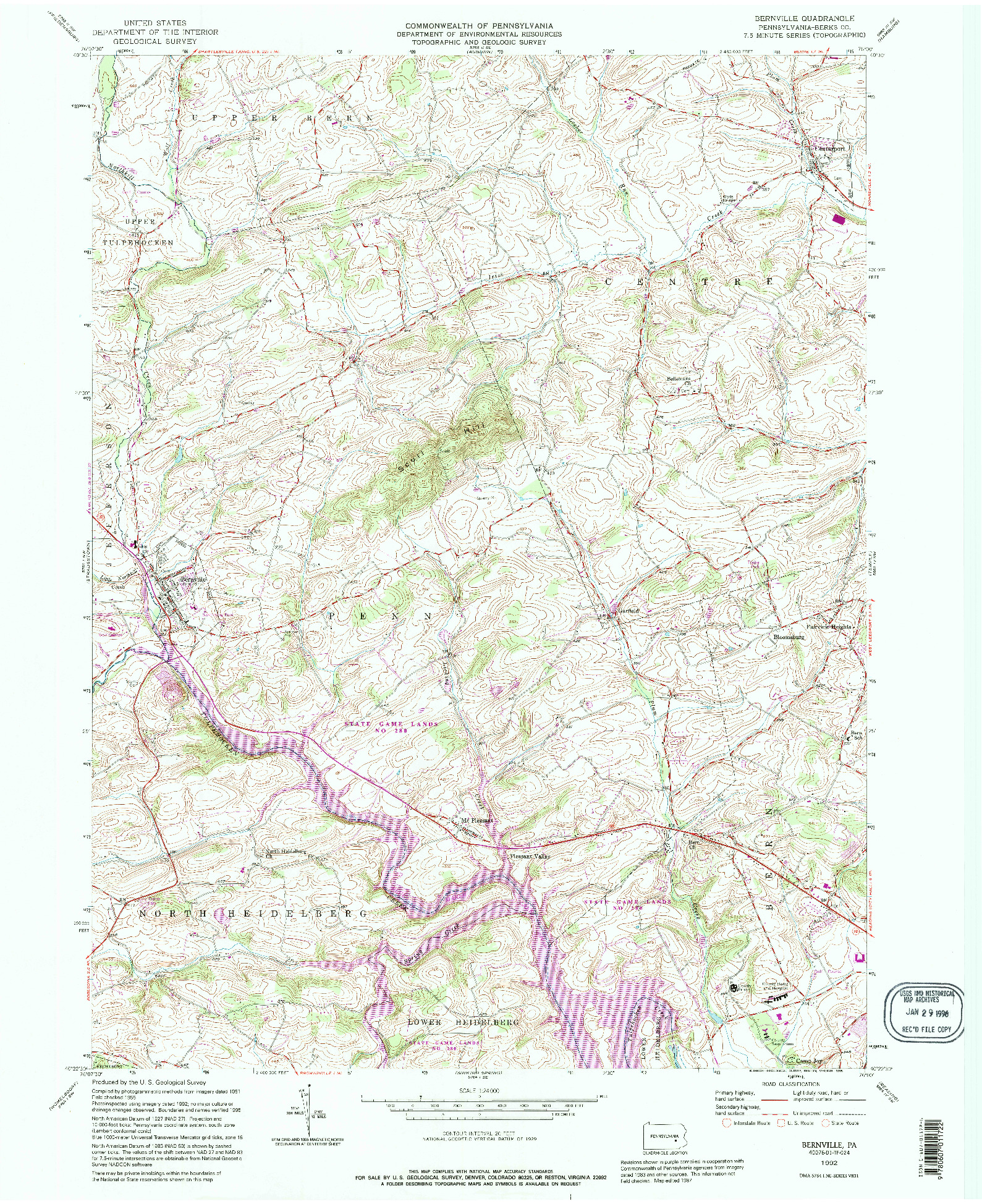 USGS 1:24000-SCALE QUADRANGLE FOR BERNVILLE, PA 1992