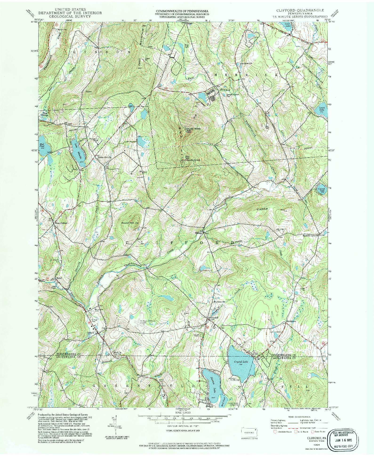 USGS 1:24000-SCALE QUADRANGLE FOR CLIFFORD, PA 1994