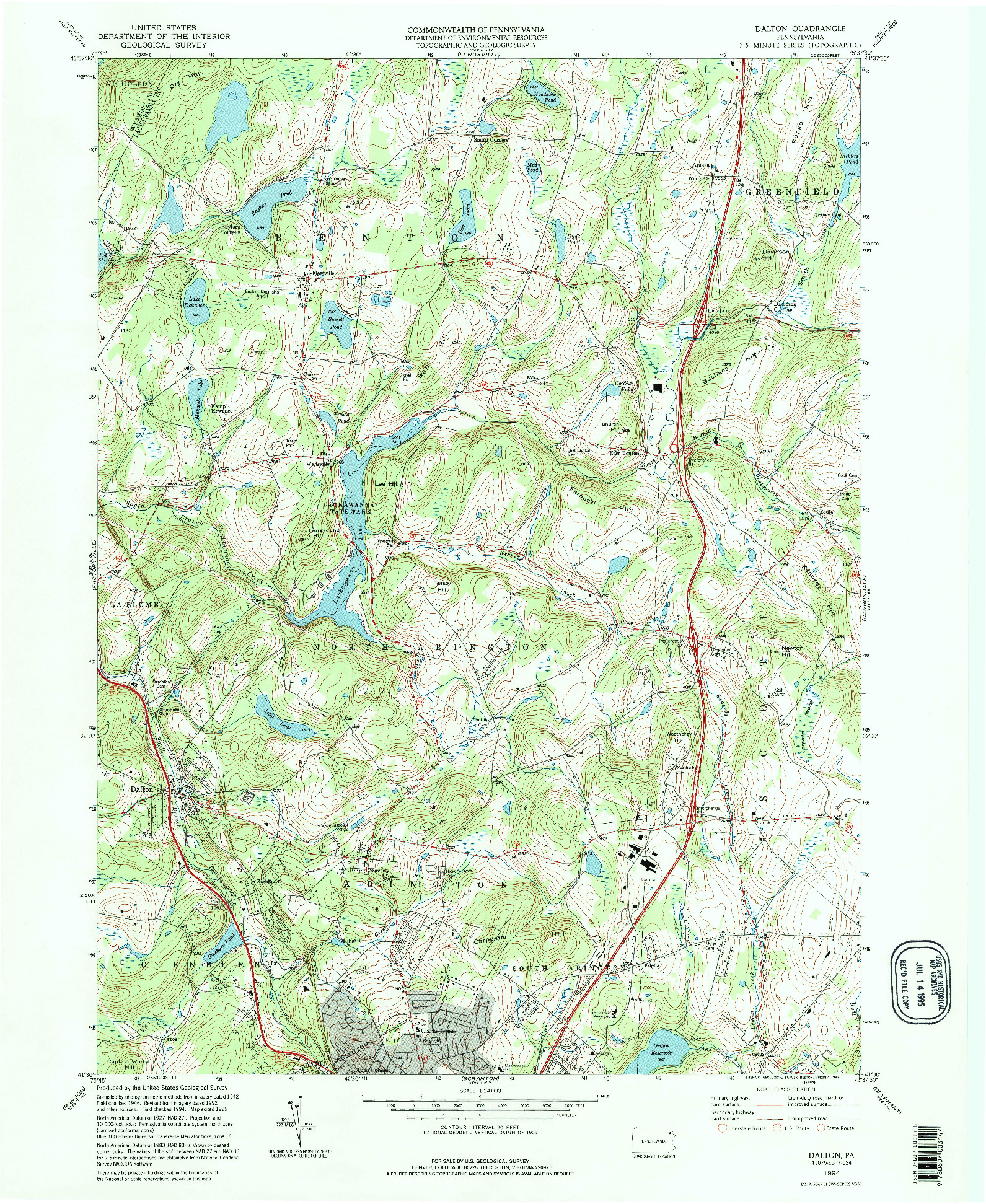 USGS 1:24000-SCALE QUADRANGLE FOR DALTON, PA 1994