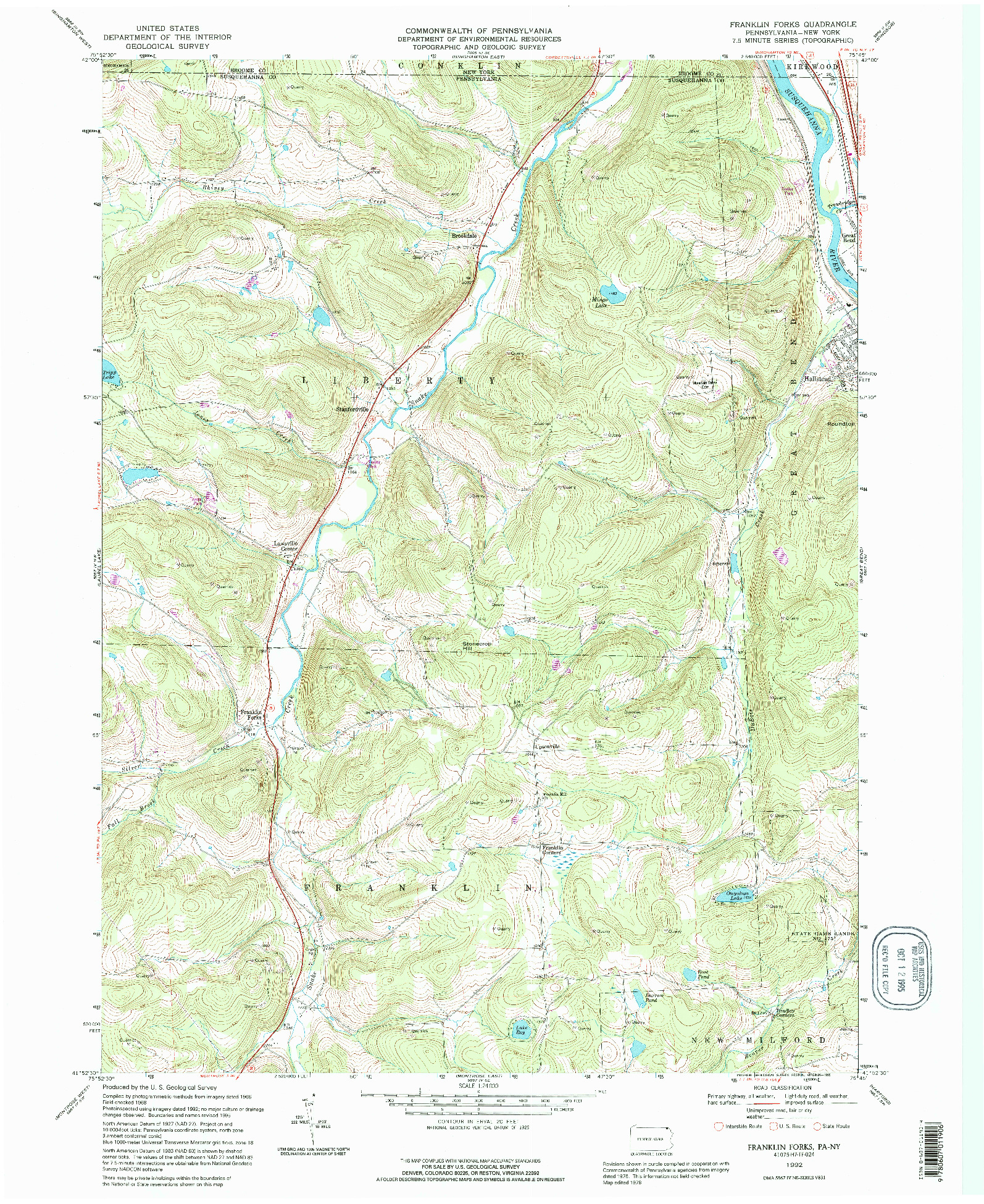 USGS 1:24000-SCALE QUADRANGLE FOR FRANKLIN FORKS, PA 1992