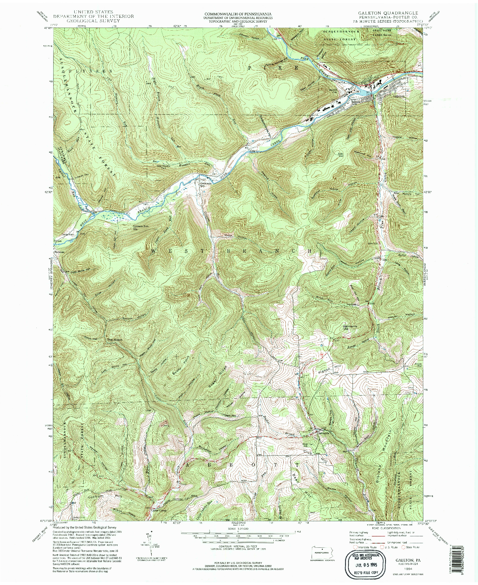 USGS 1:24000-SCALE QUADRANGLE FOR GALETON, PA 1994