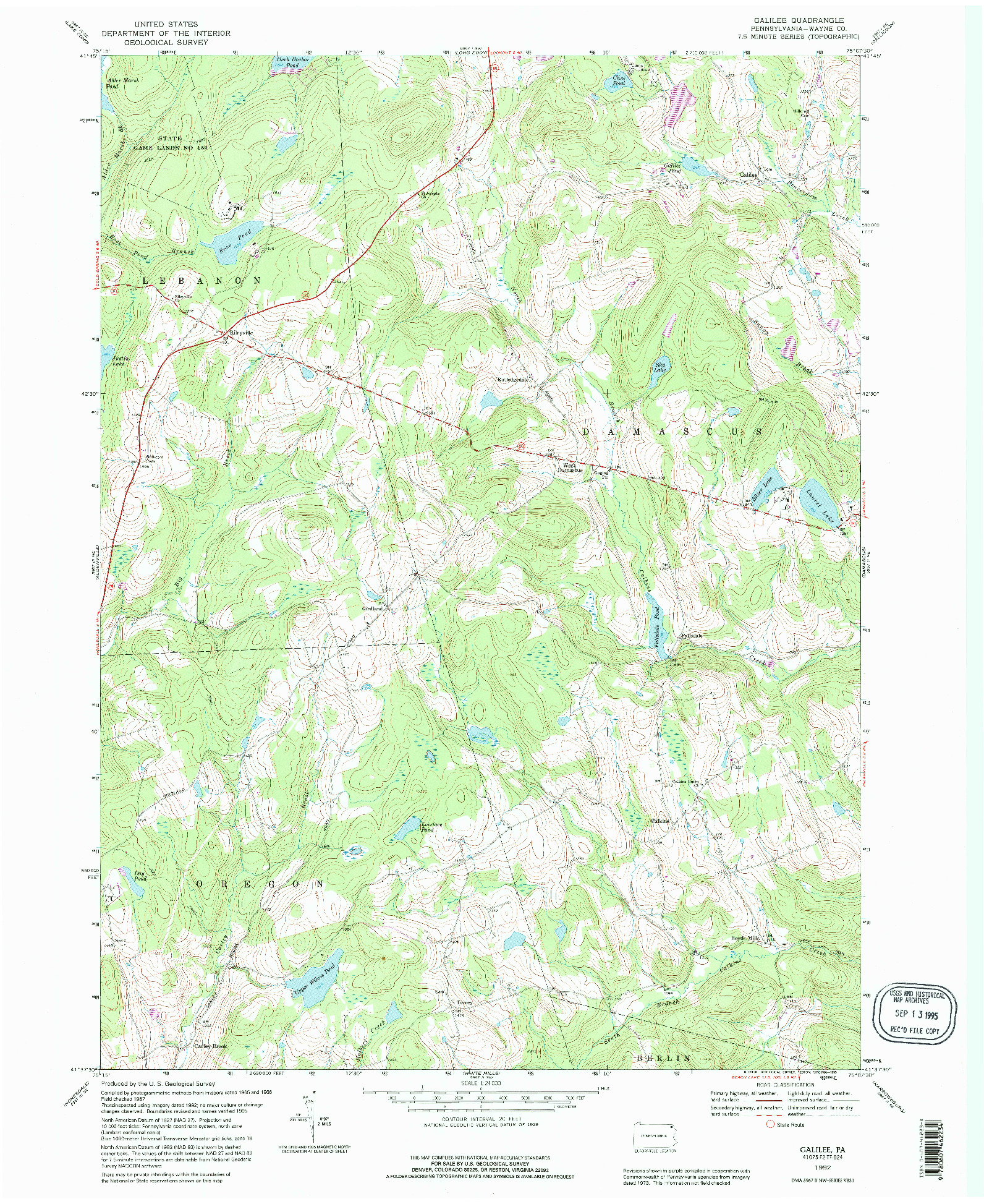 USGS 1:24000-SCALE QUADRANGLE FOR GALILEE, PA 1992