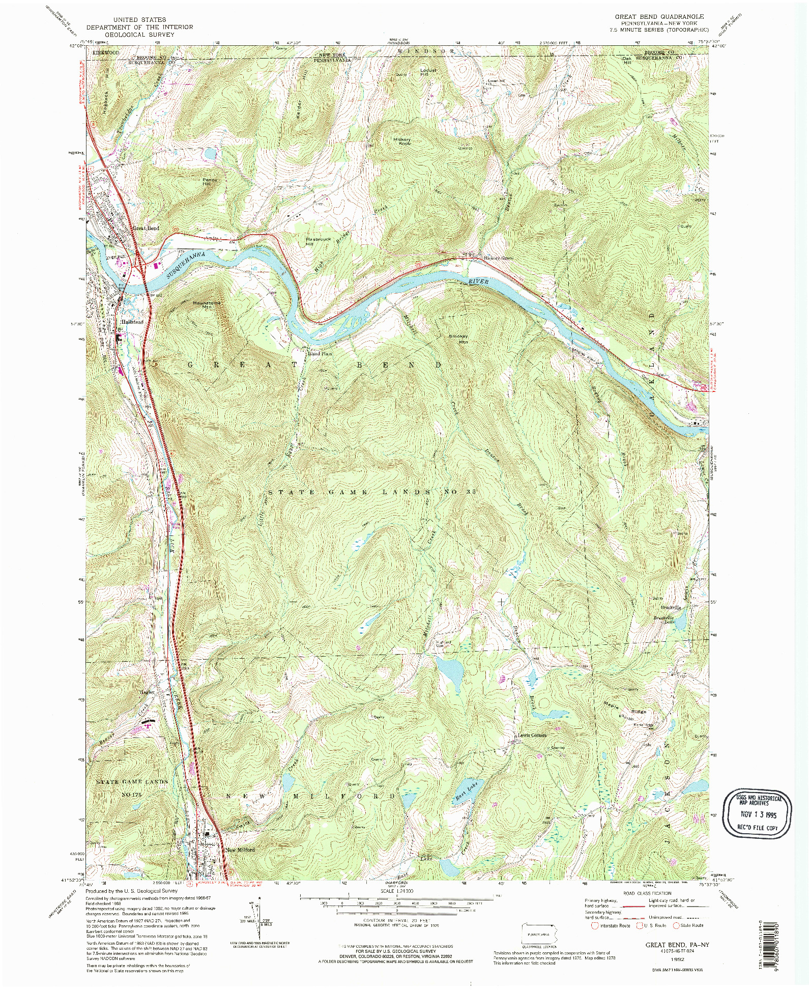 USGS 1:24000-SCALE QUADRANGLE FOR GREAT BEND, PA 1992