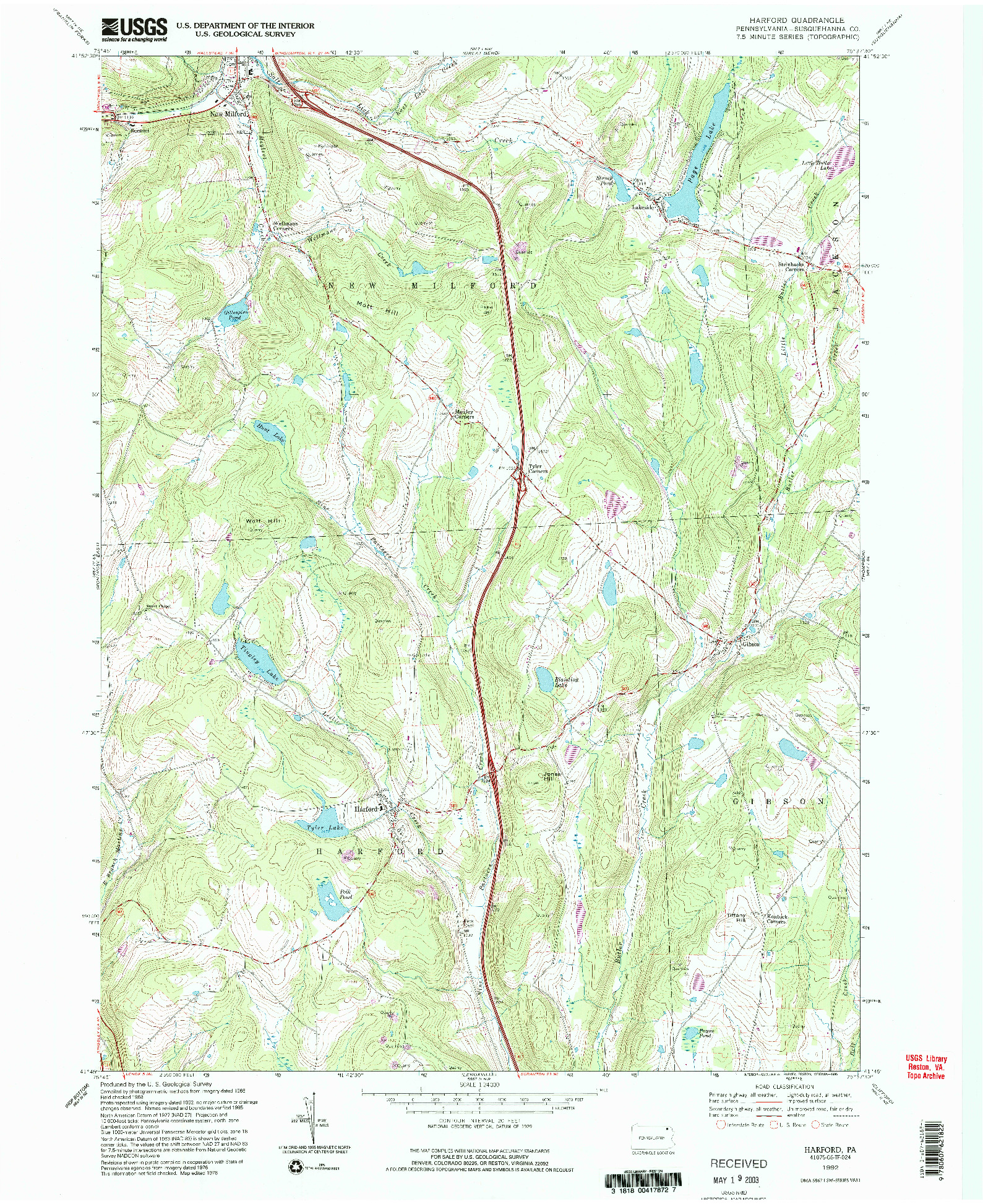 USGS 1:24000-SCALE QUADRANGLE FOR HARFORD, PA 1992