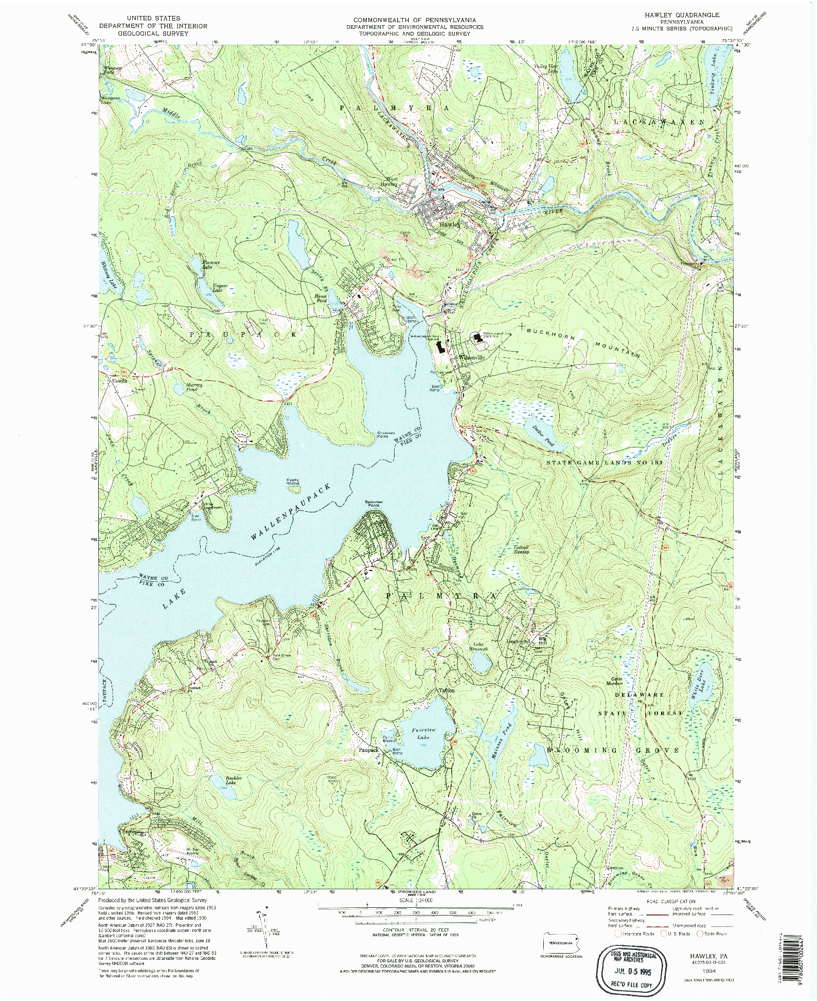 USGS 1:24000-SCALE QUADRANGLE FOR HAWLEY, PA 1994