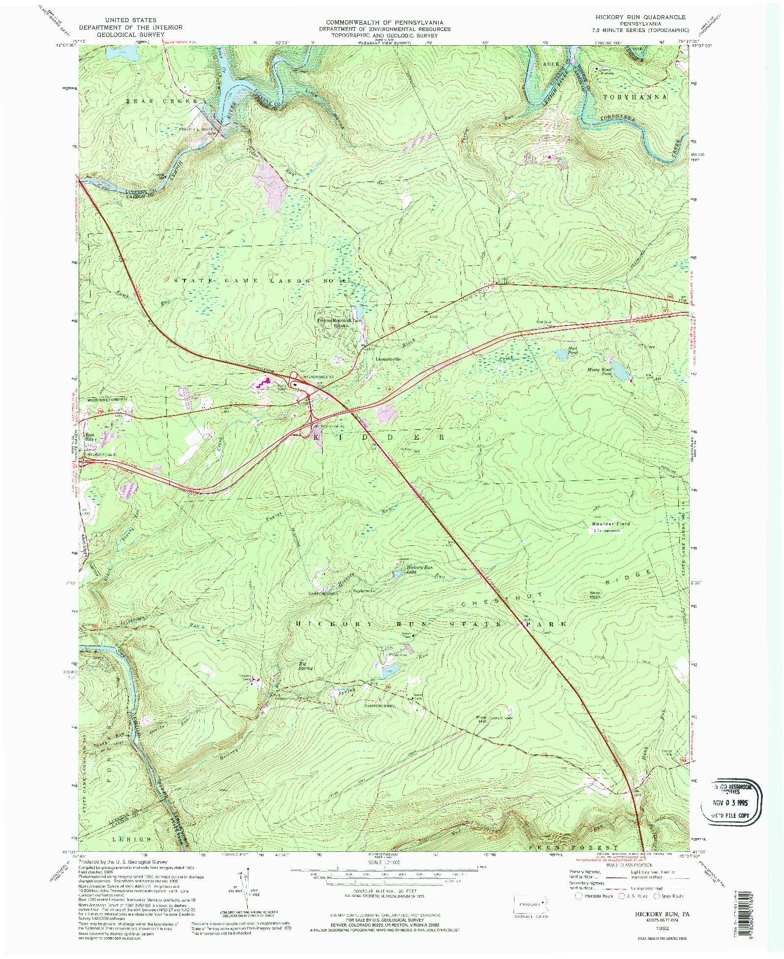 USGS 1:24000-SCALE QUADRANGLE FOR HICKORY RUN, PA 1992