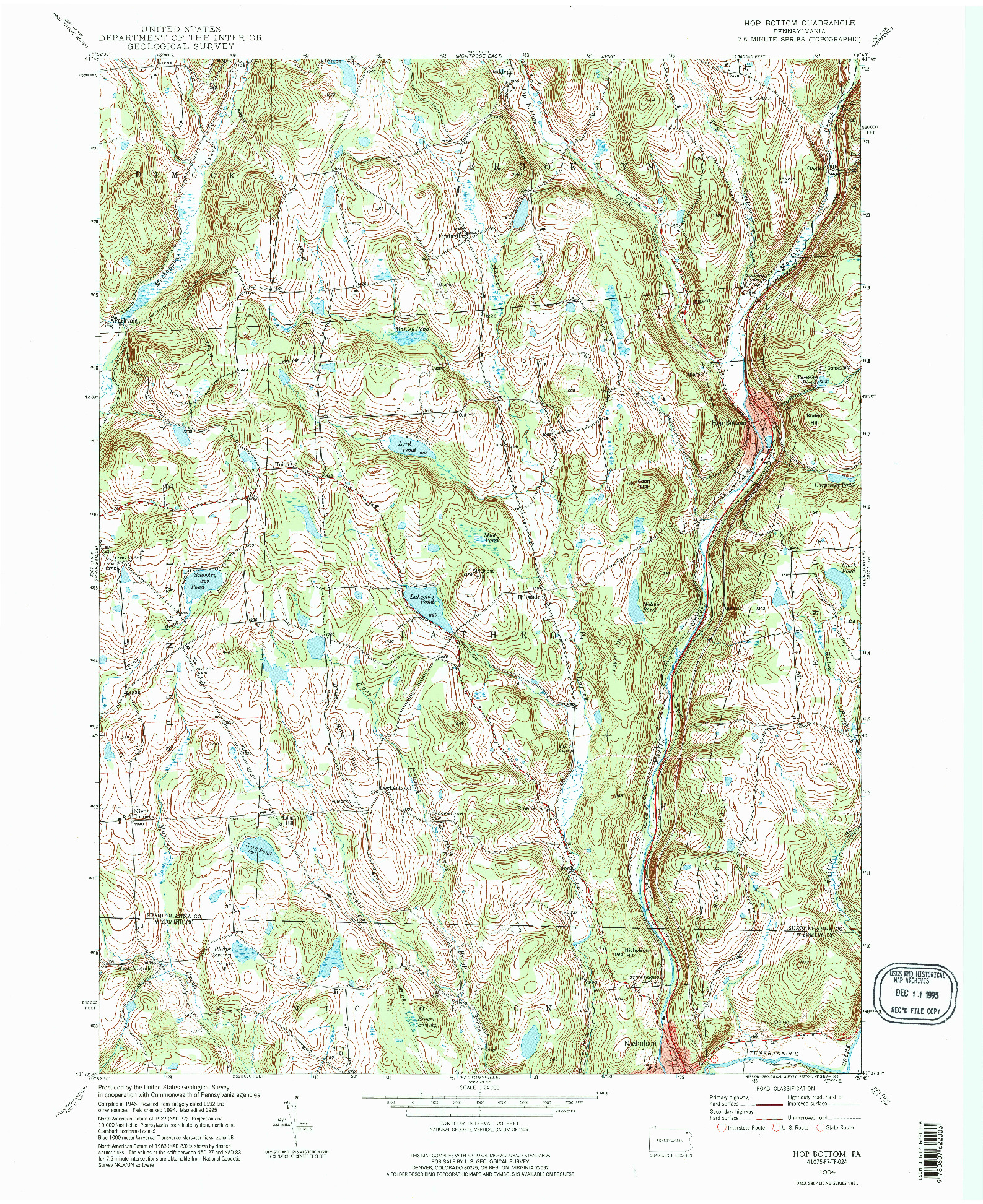 USGS 1:24000-SCALE QUADRANGLE FOR HOP BOTTOM, PA 1994