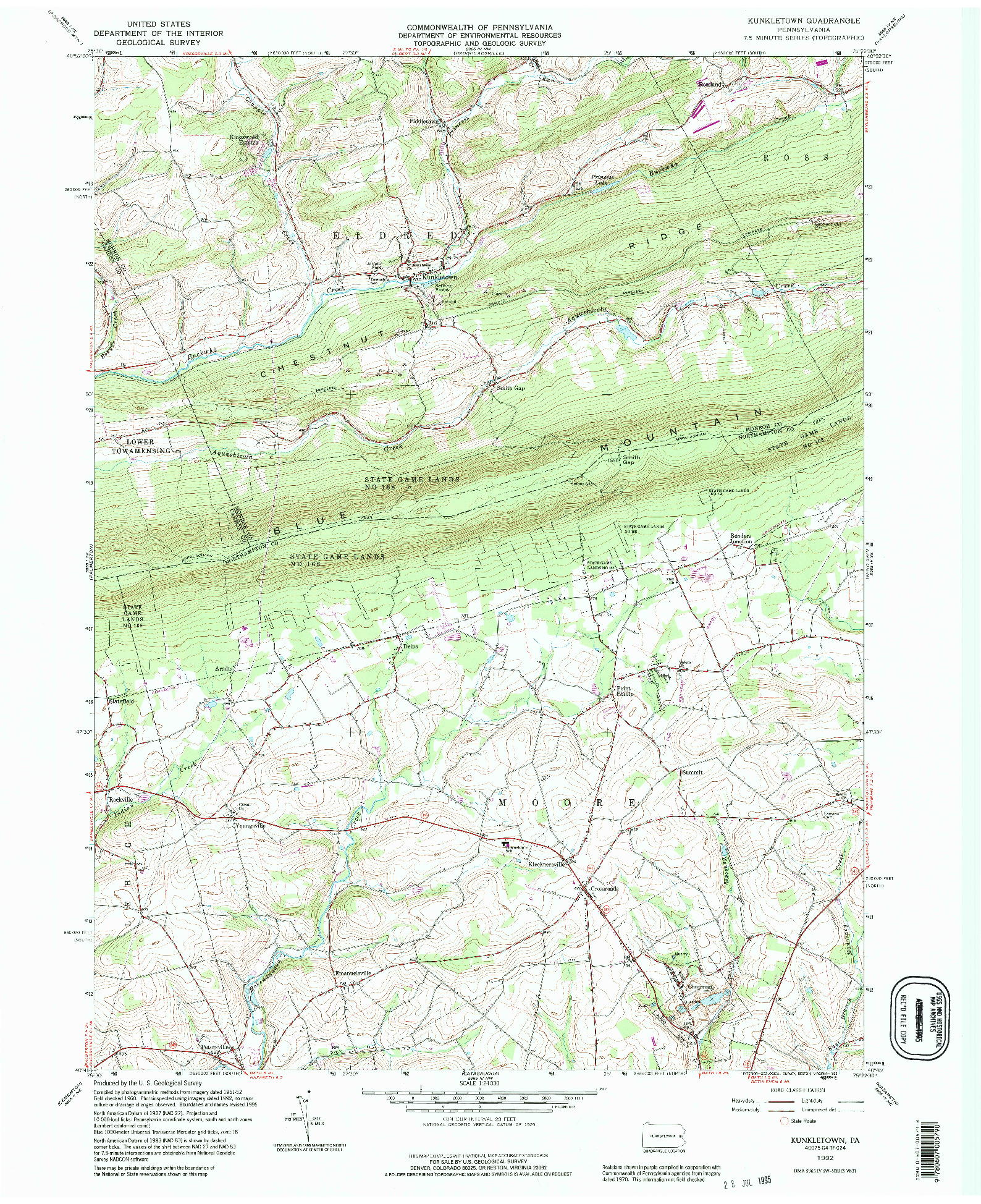 USGS 1:24000-SCALE QUADRANGLE FOR KUNKLETOWN, PA 1992