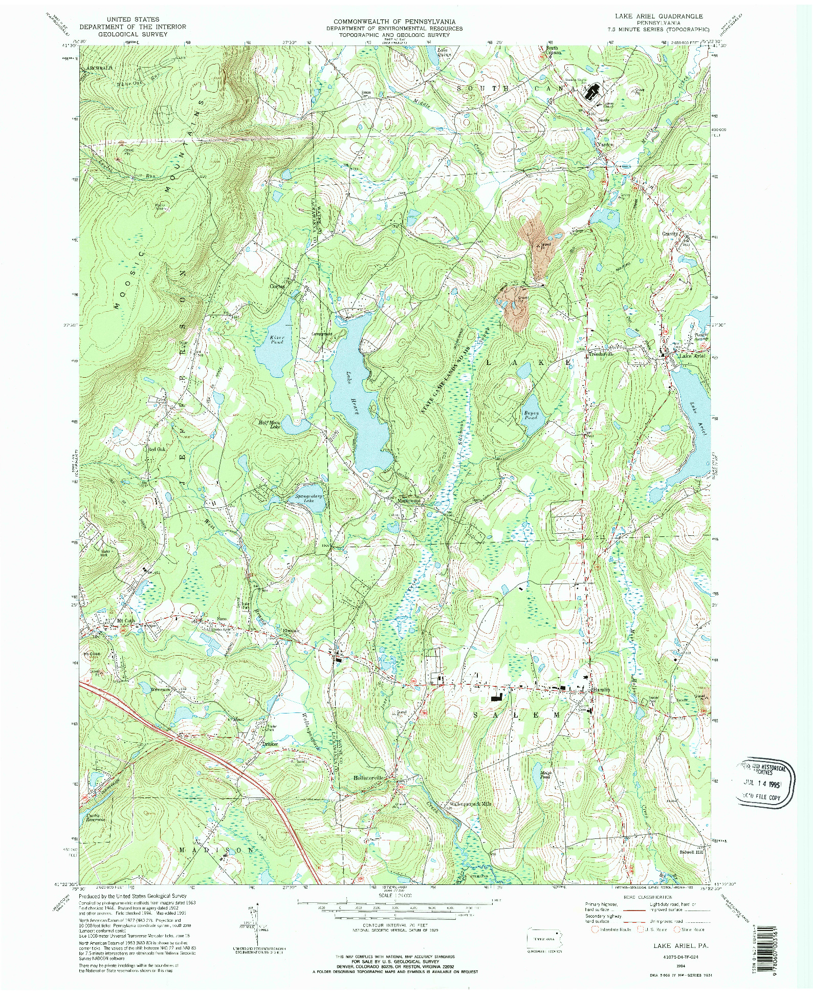 USGS 1:24000-SCALE QUADRANGLE FOR LAKE ARIEL, PA 1994