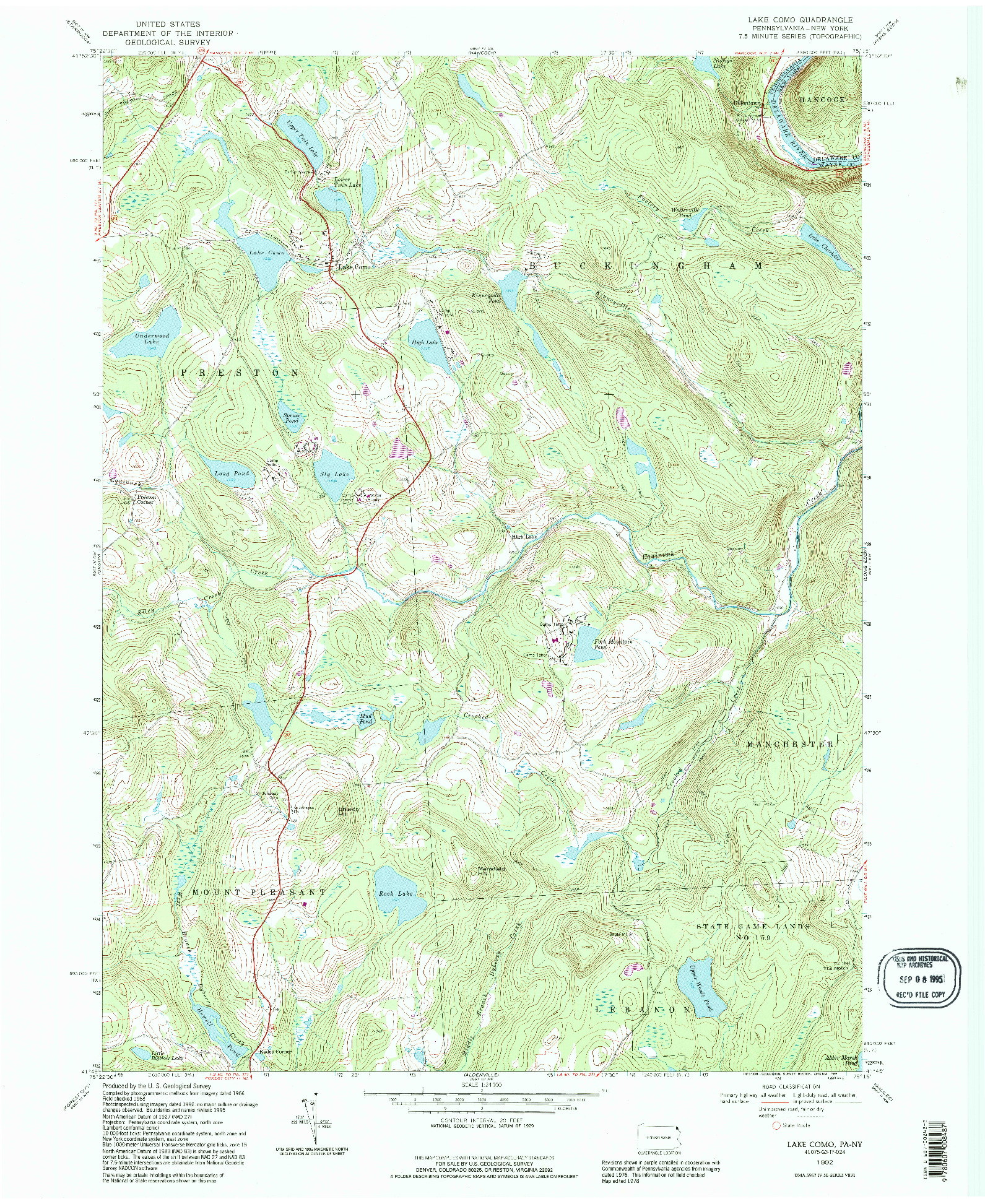 USGS 1:24000-SCALE QUADRANGLE FOR LAKE COMO, PA 1992