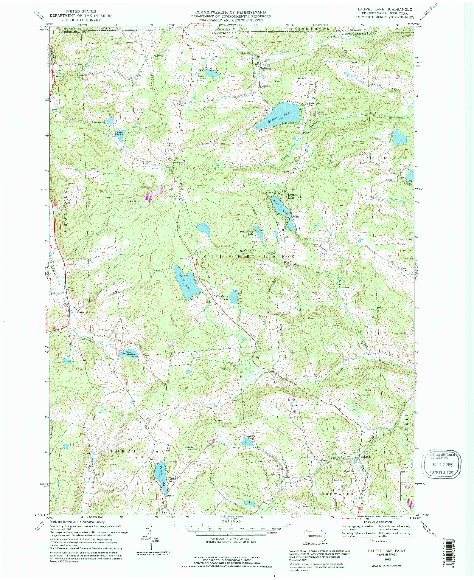 USGS 1:24000-SCALE QUADRANGLE FOR LAUREL LAKE, PA 1992