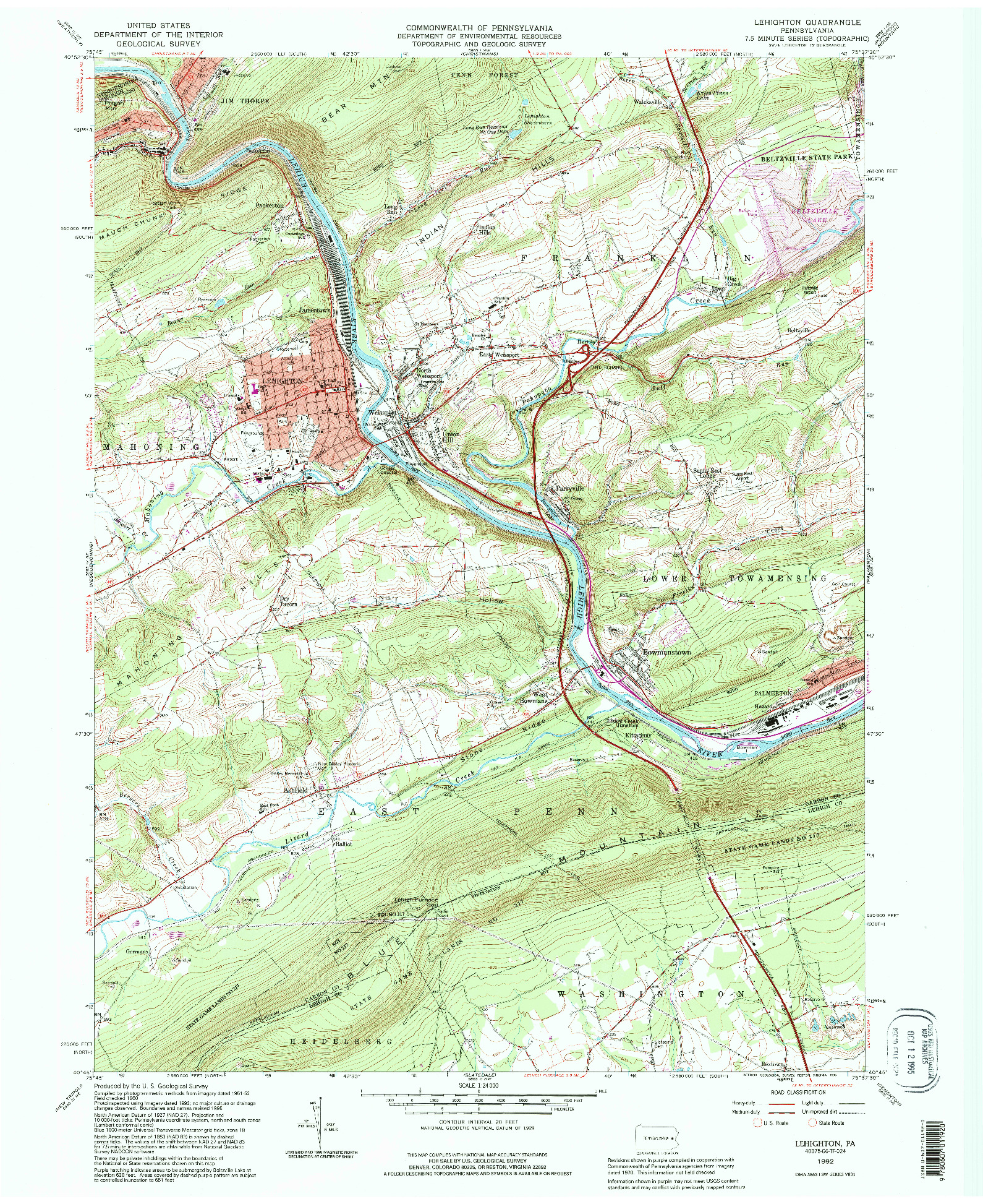 USGS 1:24000-SCALE QUADRANGLE FOR LEHIGHTON, PA 1992
