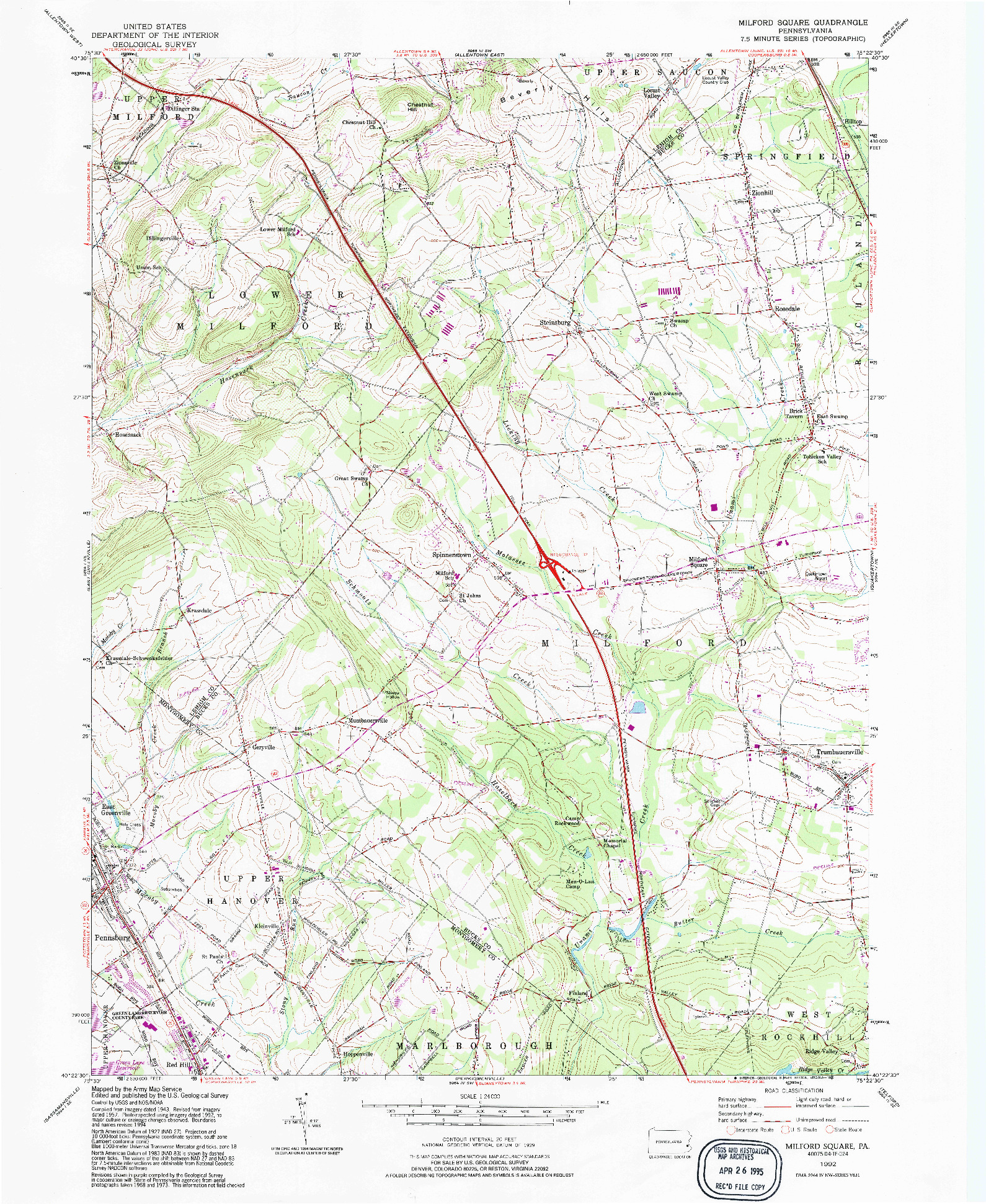 USGS 1:24000-SCALE QUADRANGLE FOR MILFORD SQUARE, PA 1992