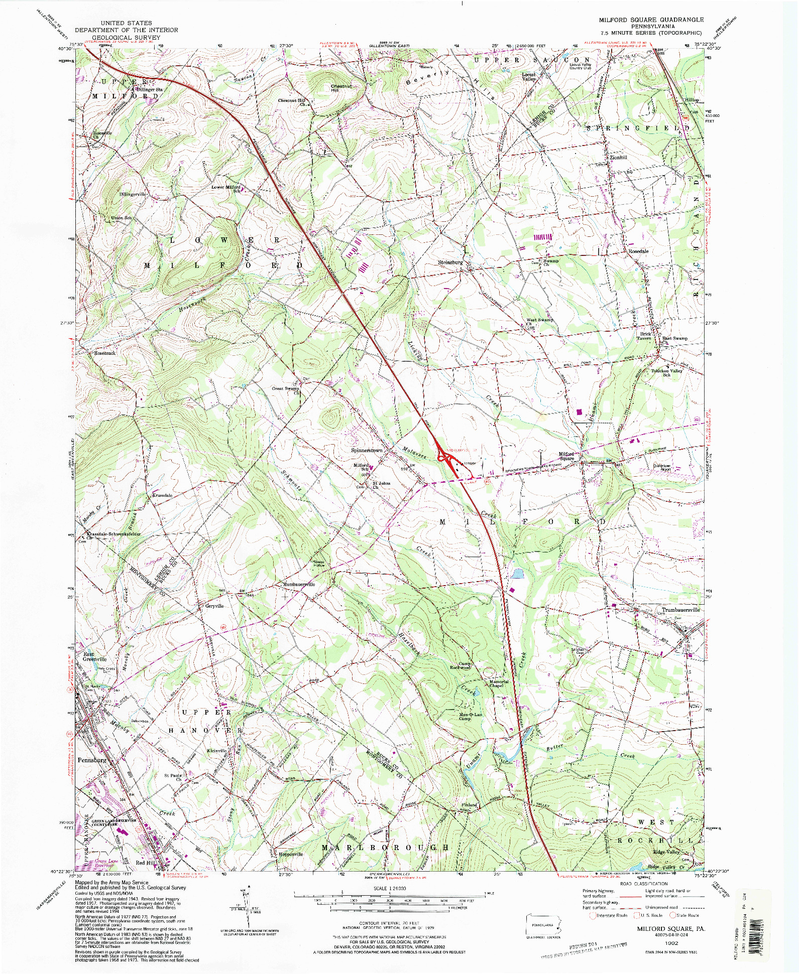 USGS 1:24000-SCALE QUADRANGLE FOR MILFORD SQUARE, PA 1992