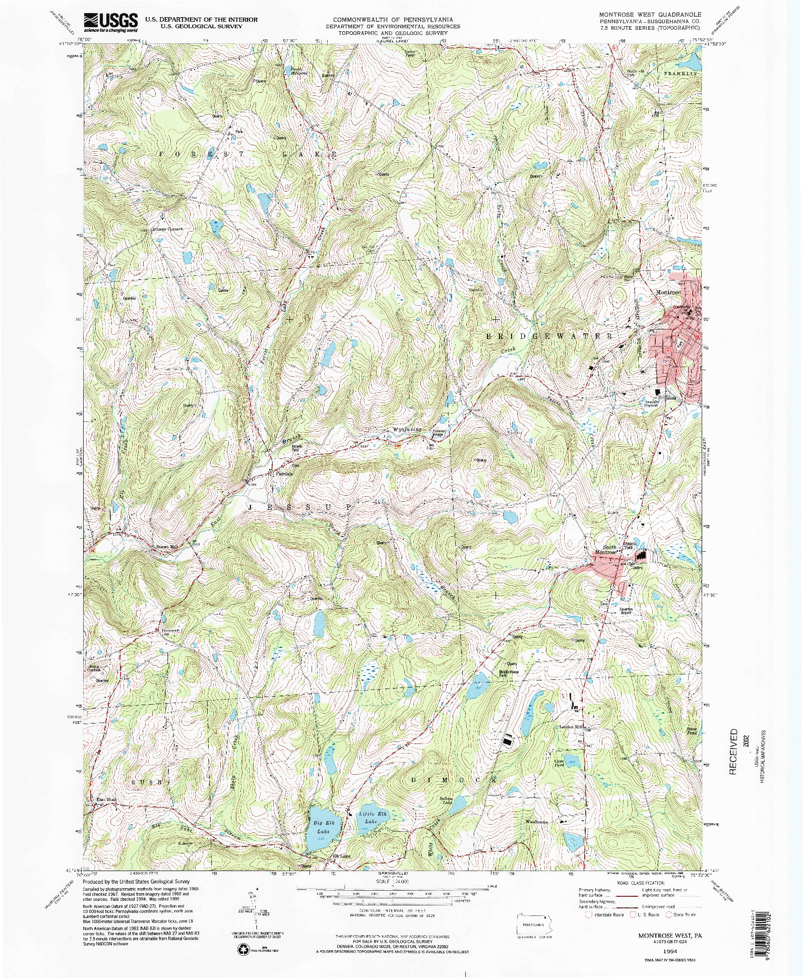 USGS 1:24000-SCALE QUADRANGLE FOR MONTROSE WEST, PA 1994