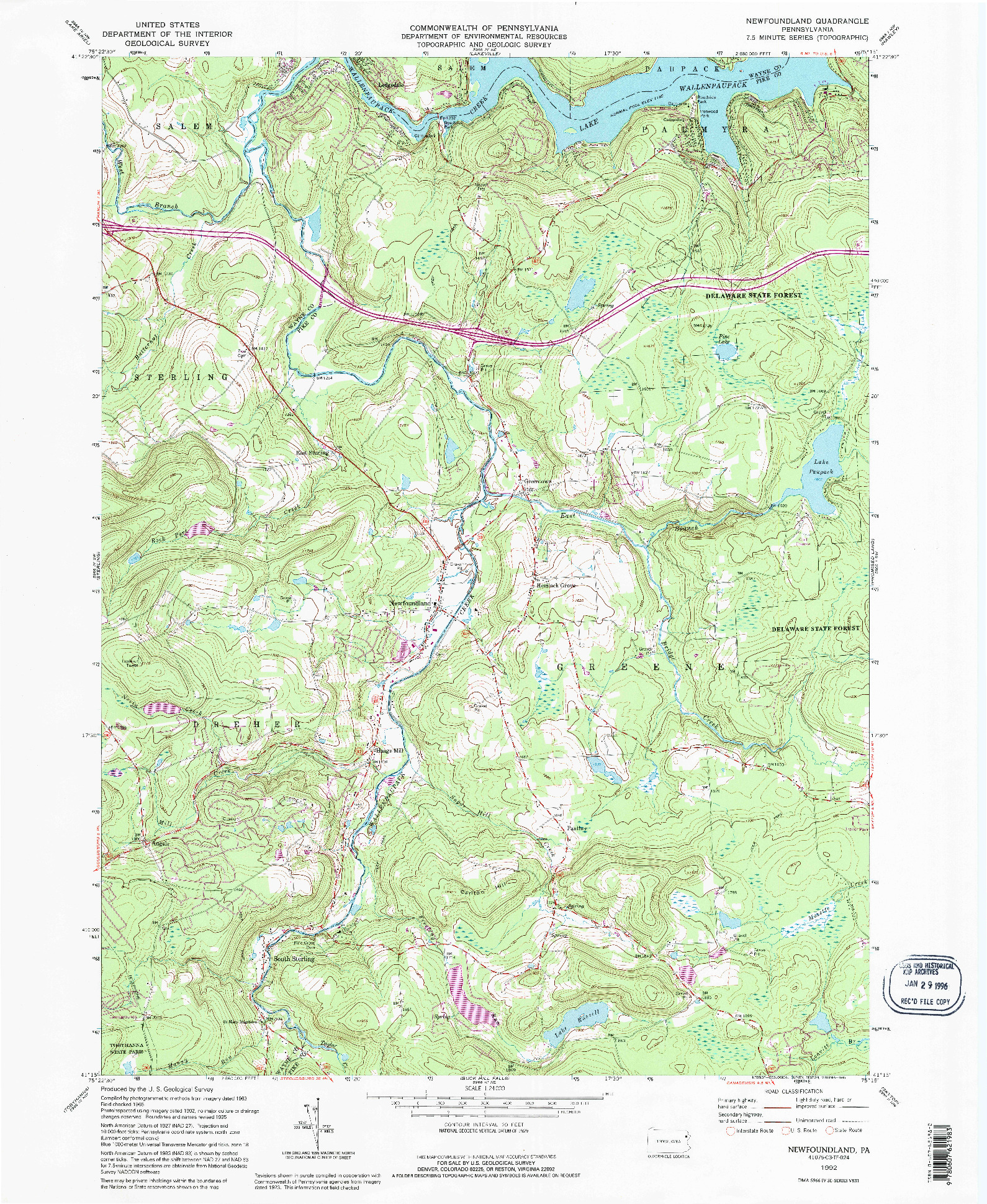 USGS 1:24000-SCALE QUADRANGLE FOR NEWFOUNDLAND, PA 1992