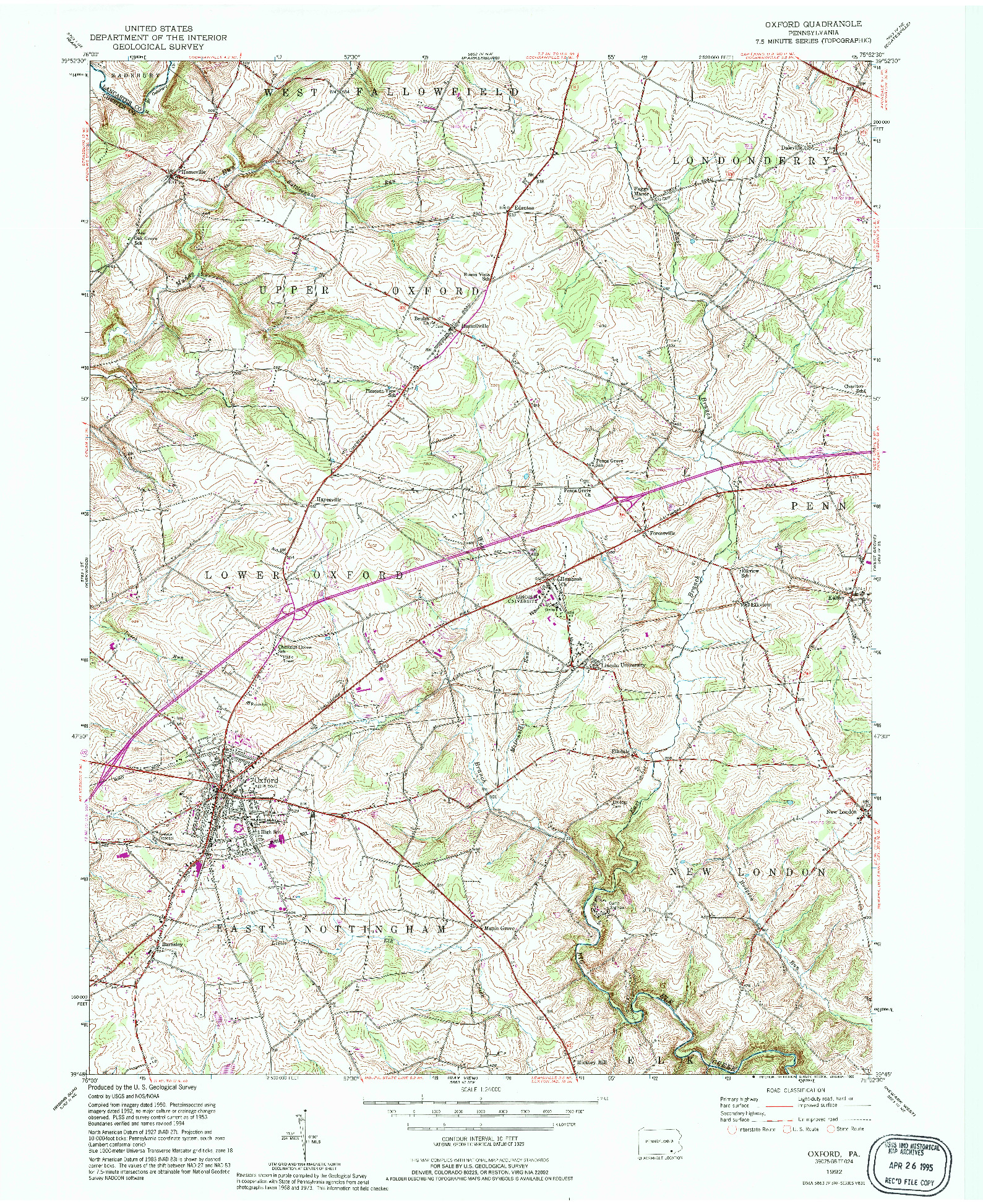 USGS 1:24000-SCALE QUADRANGLE FOR OXFORD, PA 1992