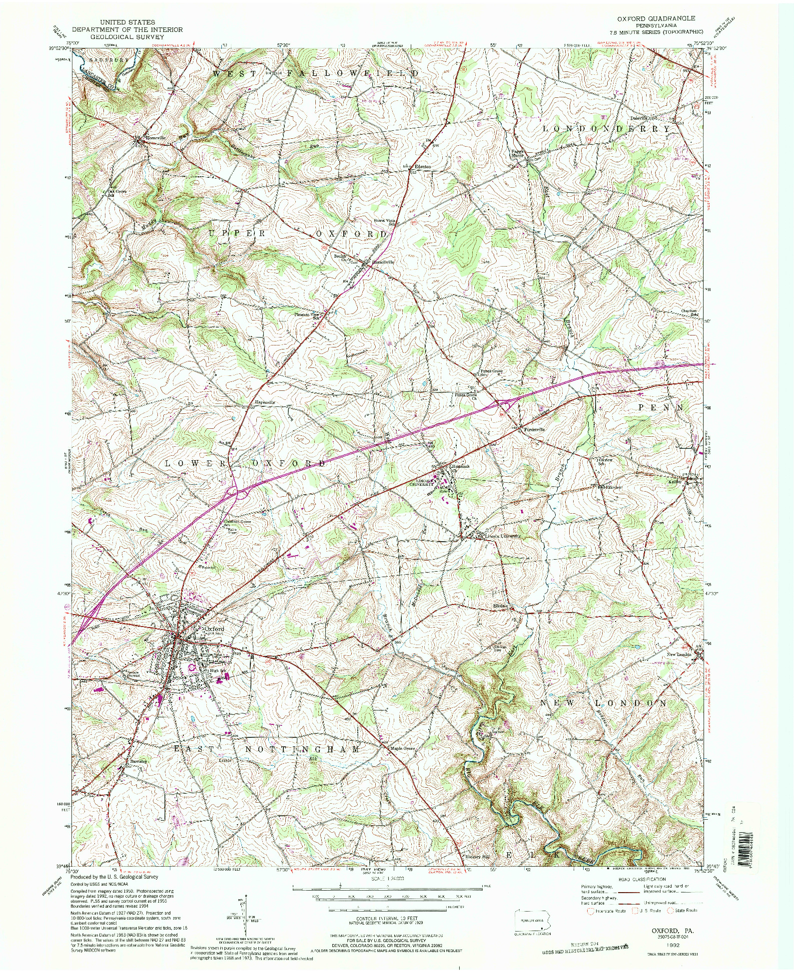 USGS 1:24000-SCALE QUADRANGLE FOR OXFORD, PA 1992