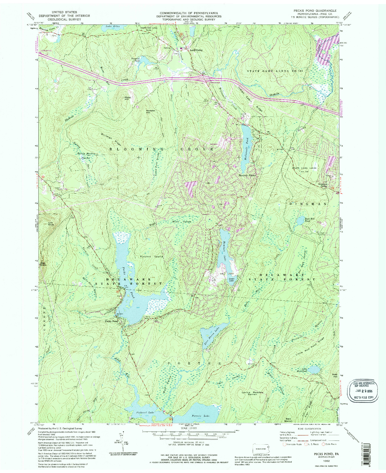 USGS 1:24000-SCALE QUADRANGLE FOR PECKS POND, PA 1992