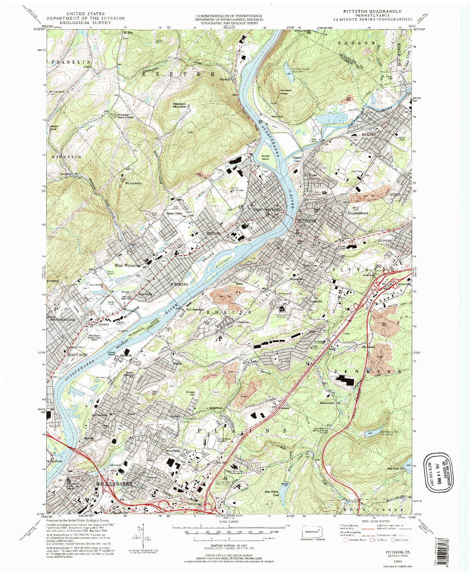 USGS 1:24000-SCALE QUADRANGLE FOR PITTSTON, PA 1994