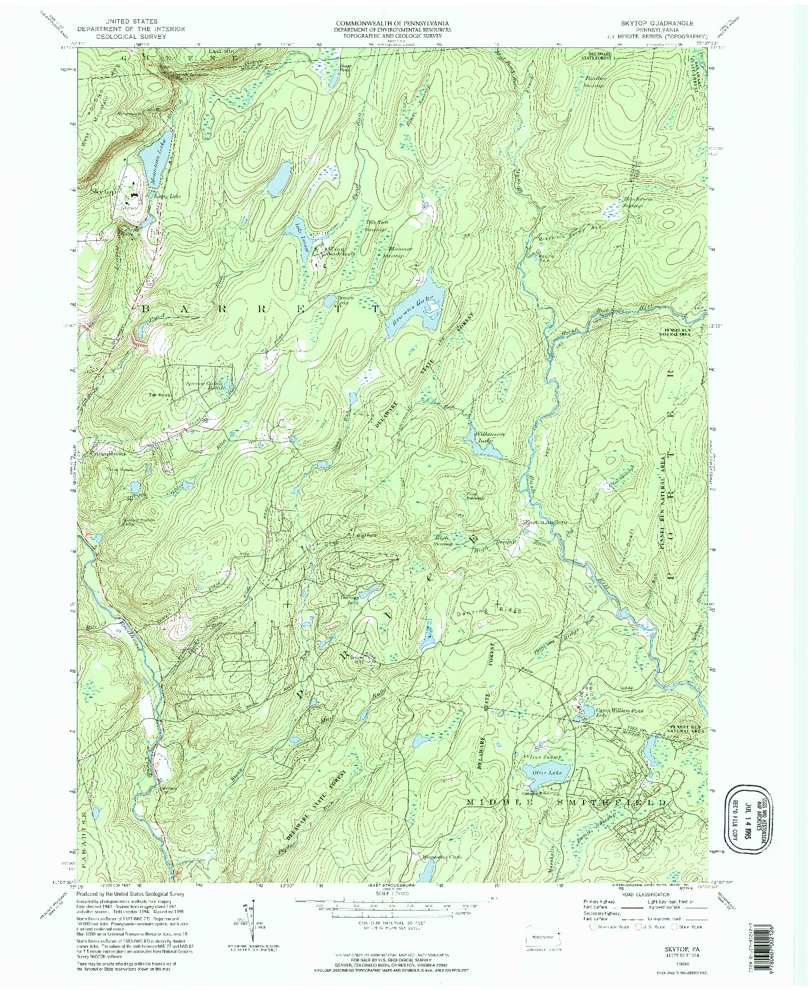 USGS 1:24000-SCALE QUADRANGLE FOR SKYTOP, PA 1994