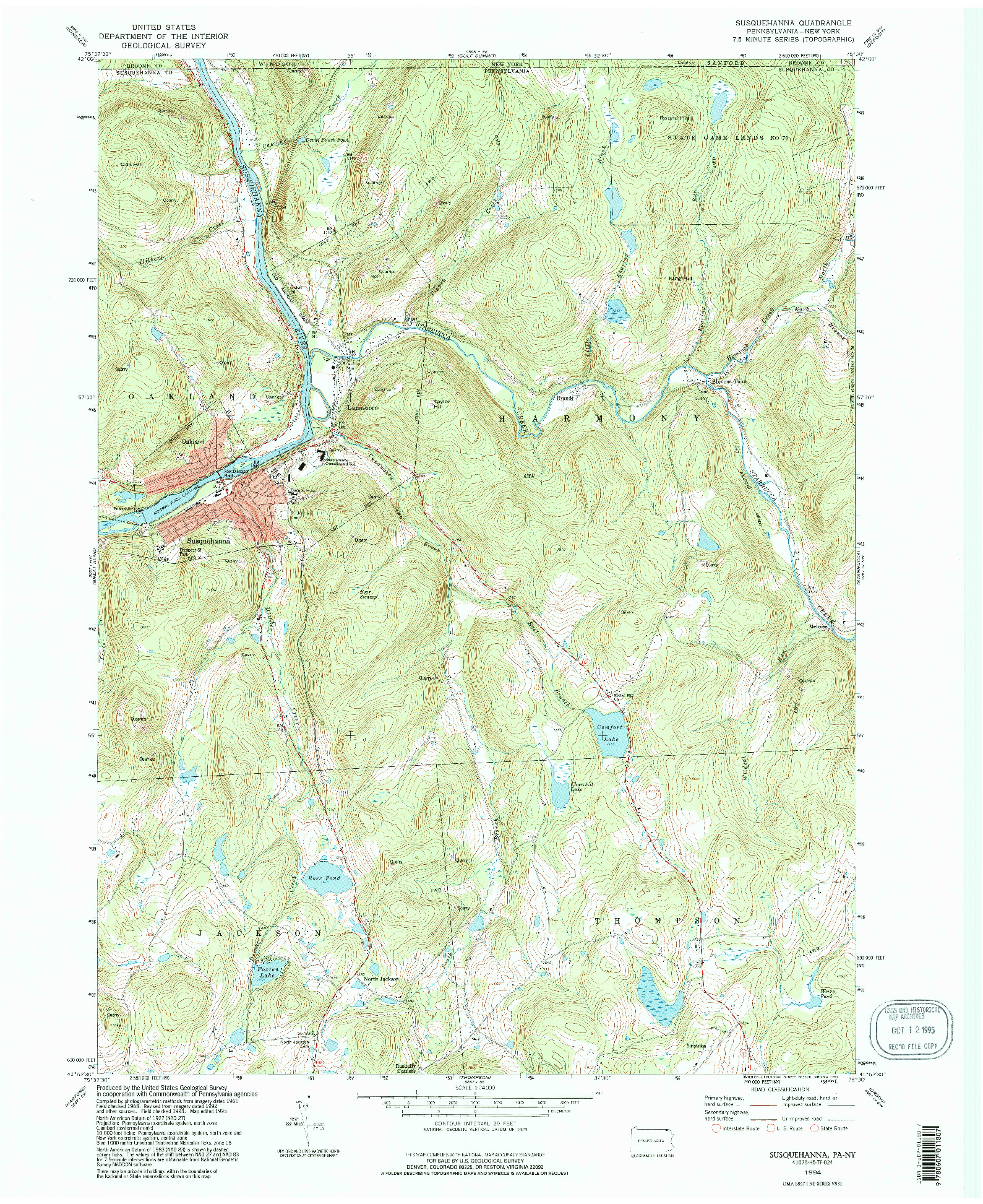 USGS 1:24000-SCALE QUADRANGLE FOR SUSQUEHANNA, PA 1994