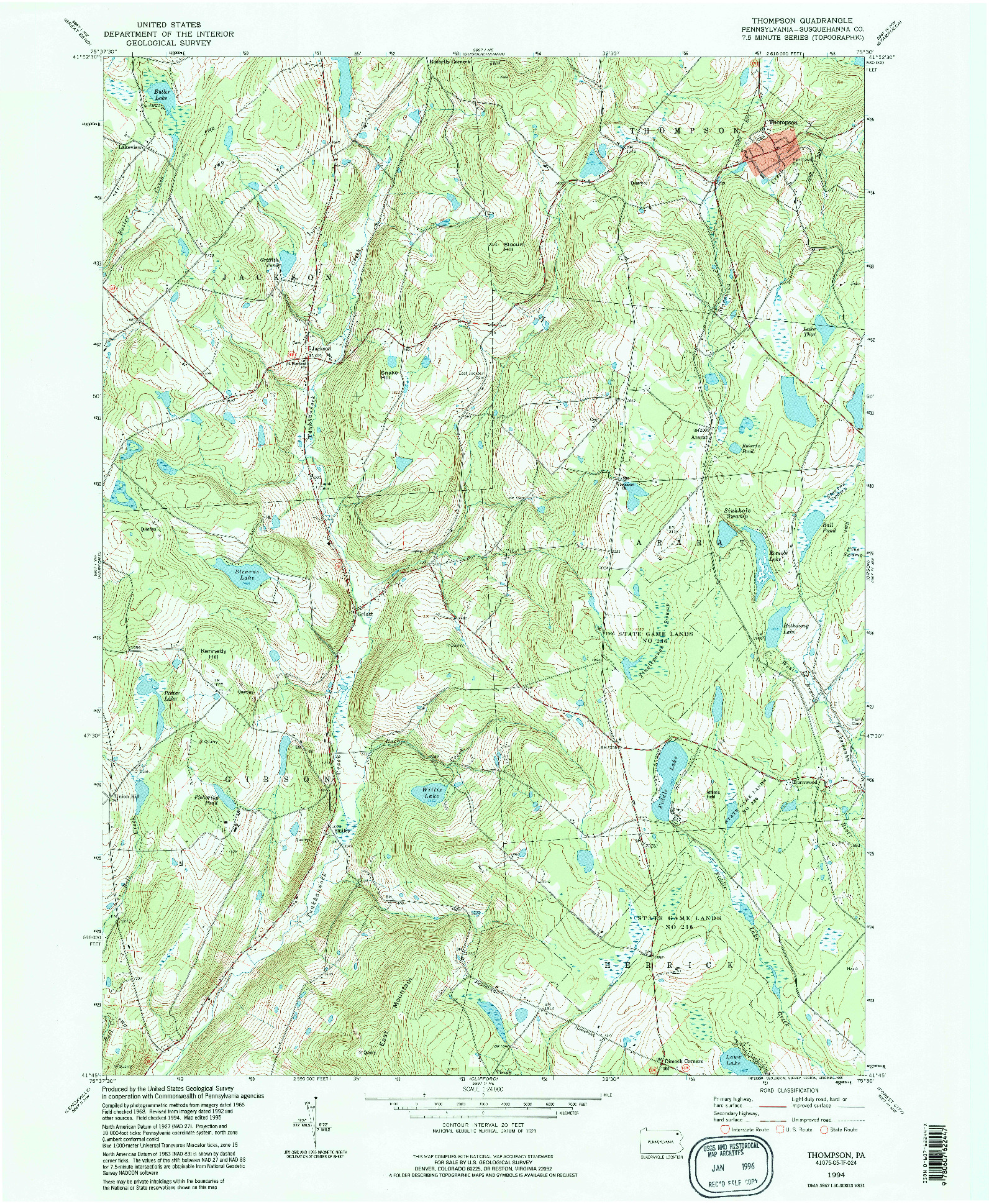 USGS 1:24000-SCALE QUADRANGLE FOR THOMPSON, PA 1994