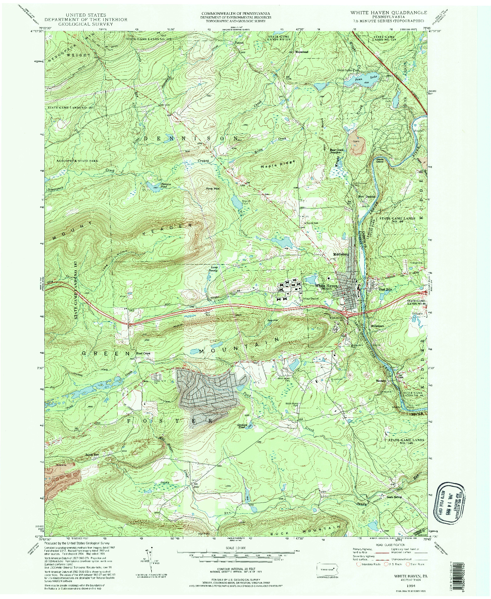 USGS 1:24000-SCALE QUADRANGLE FOR WHITE HAVEN, PA 1994