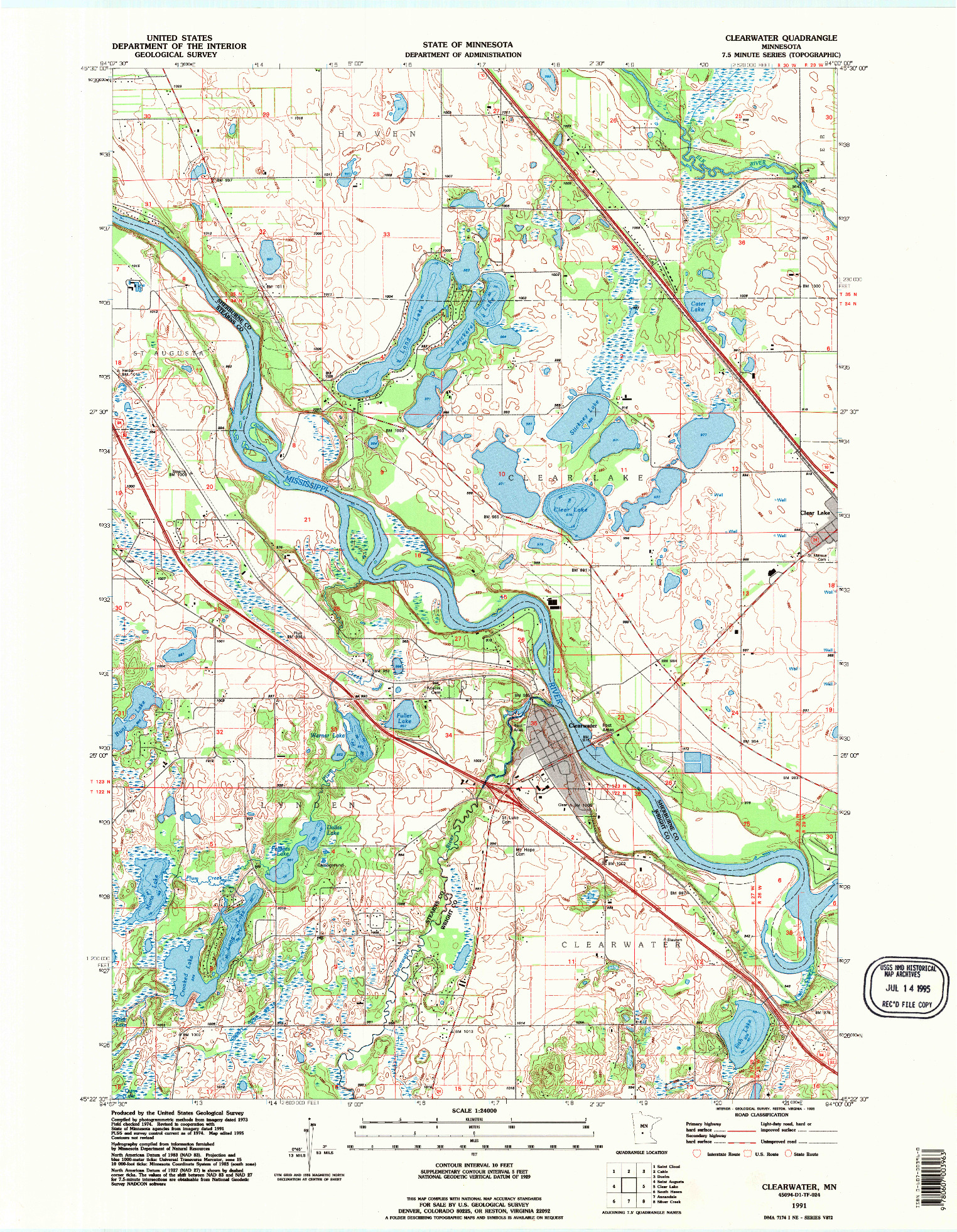 USGS 1:24000-SCALE QUADRANGLE FOR CLEARWATER, MN 1991