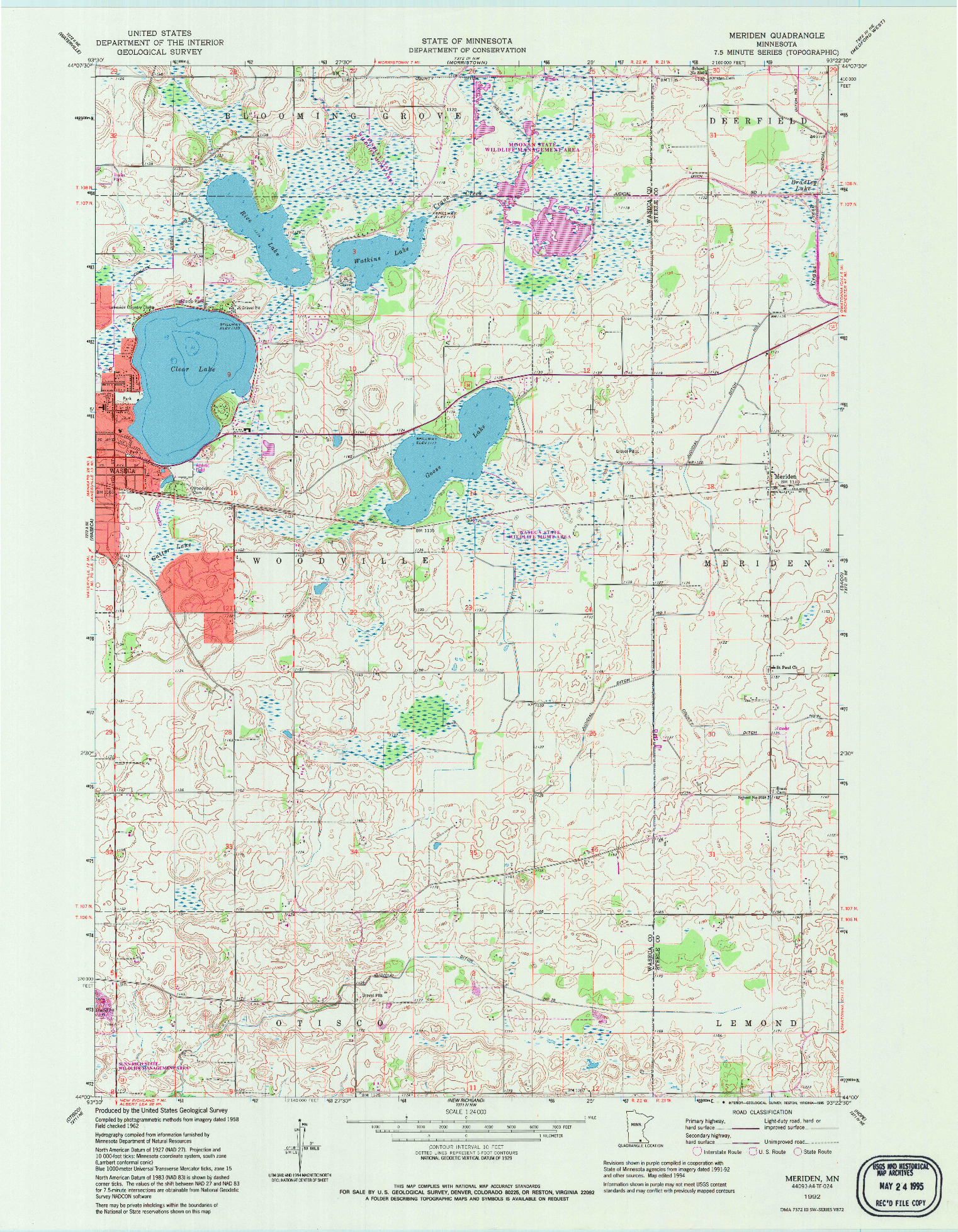 USGS 1:24000-SCALE QUADRANGLE FOR MERIDEN, MN 1992